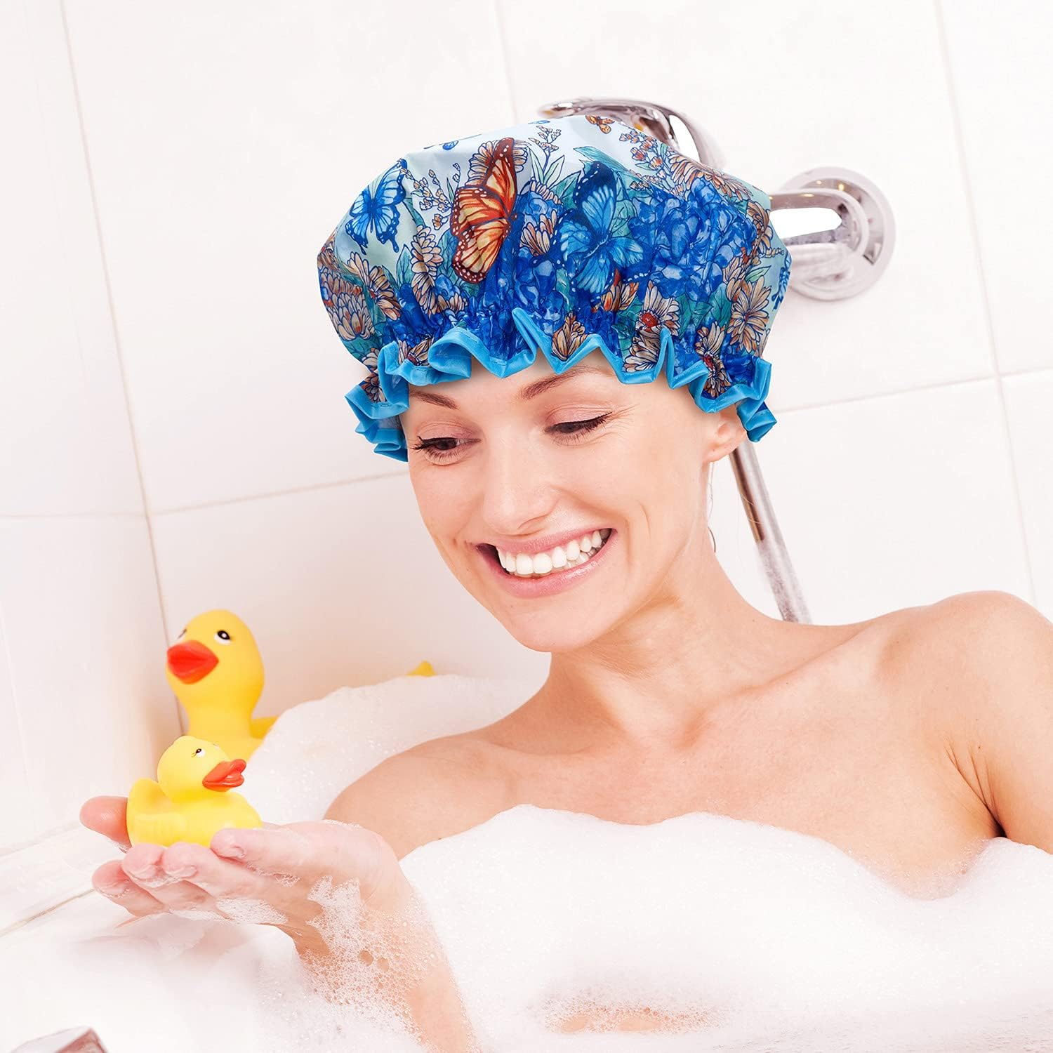 Bodylife Shower Cap Reusable Bath Cap Dual Layered Waterproof Blue Butterflies 27Cm image number 5