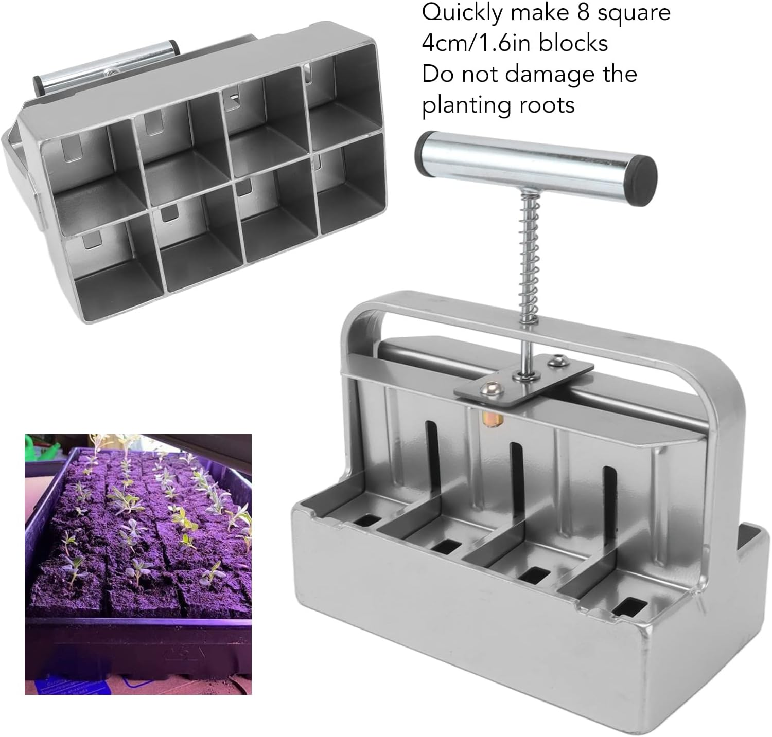 Manual Soil Block Maker, 8Pcs 1.6Inch Soil Blocker with Comfort Grip Handle Aluminum Alloy Handheld Seed Blocker Soil Blocking Tool for Seed Stater Tray, Garden Tool image number 1