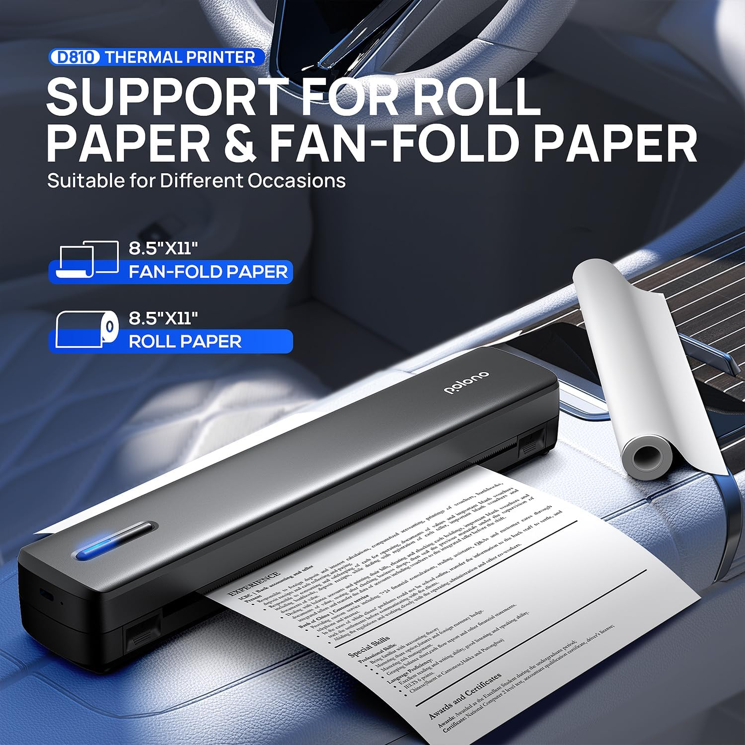 POLONO Portable Printer, D810 Inkless Bluetooth Thermal Printer Wireless for Travel, Compatible with Ios, Android, Laptop, Supports 8.5"X11" US Letter for Office, Car, Home, Black - Beige image number 6