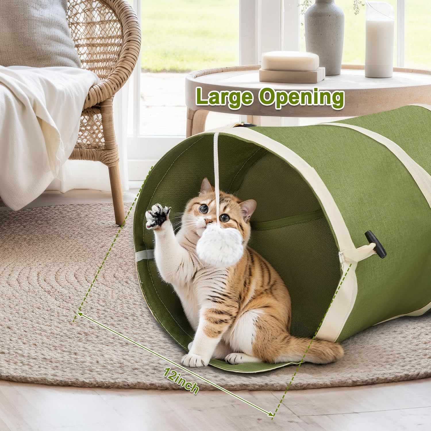 Ownpets Cat Tunnel Large 30Cm Diameter, Cactus-Shaped Cat Tunnel Toy, Sturdy Oxford Fabric Collapsible Cat Tunnels for Indoor Cats, Interactive Peek Hole Pet Tunnel Tube with Cat Wand Toy, Green image number 2