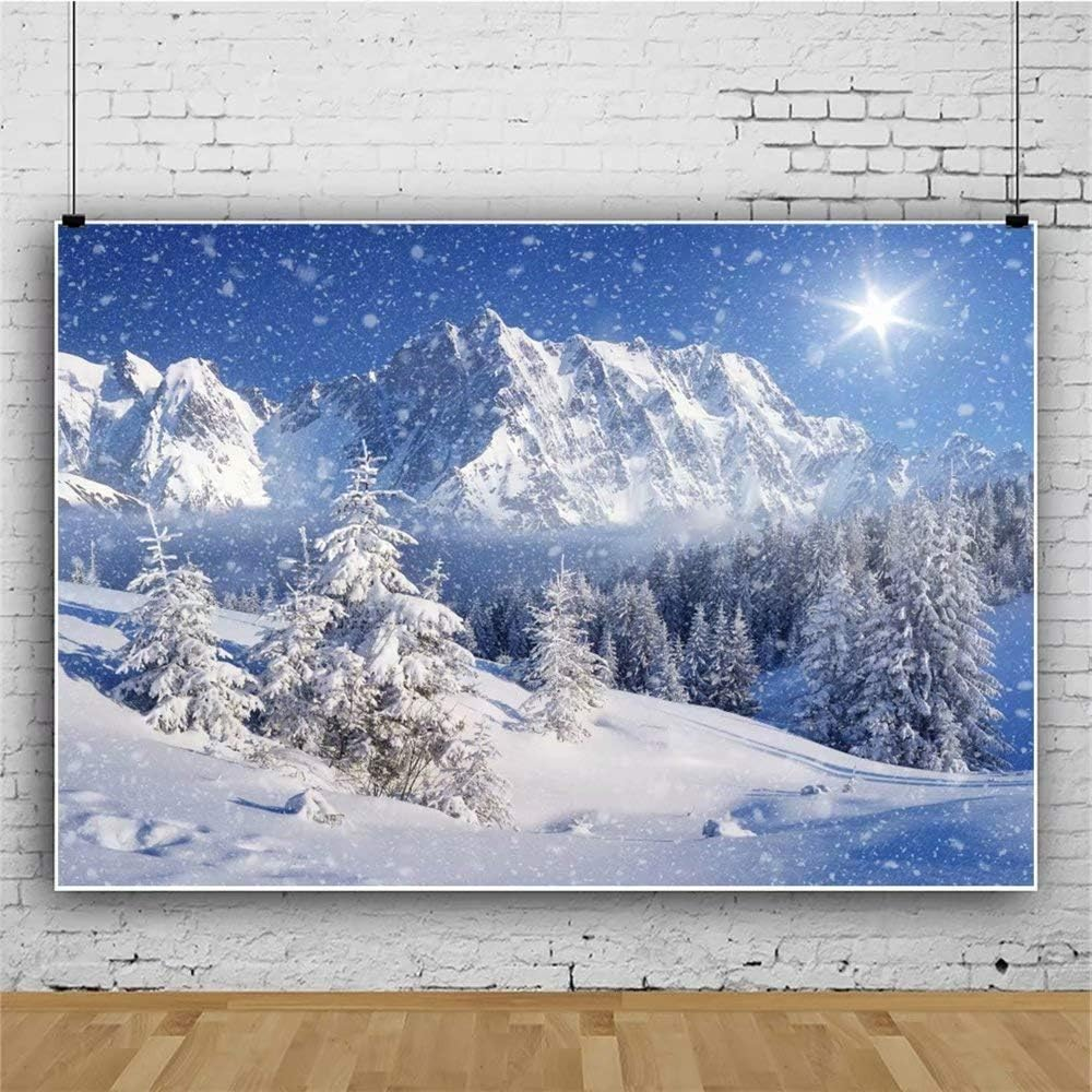 Laeacco Winter Snow Mountain Landscape Vinyl New Year Backdrop 10X6.5Ft Christmas Theme Background Dreamy Flying Snow Scenery Dazzling Sunshine Snowfield Snowy Pine Forest Children Adults Portraits image number 3