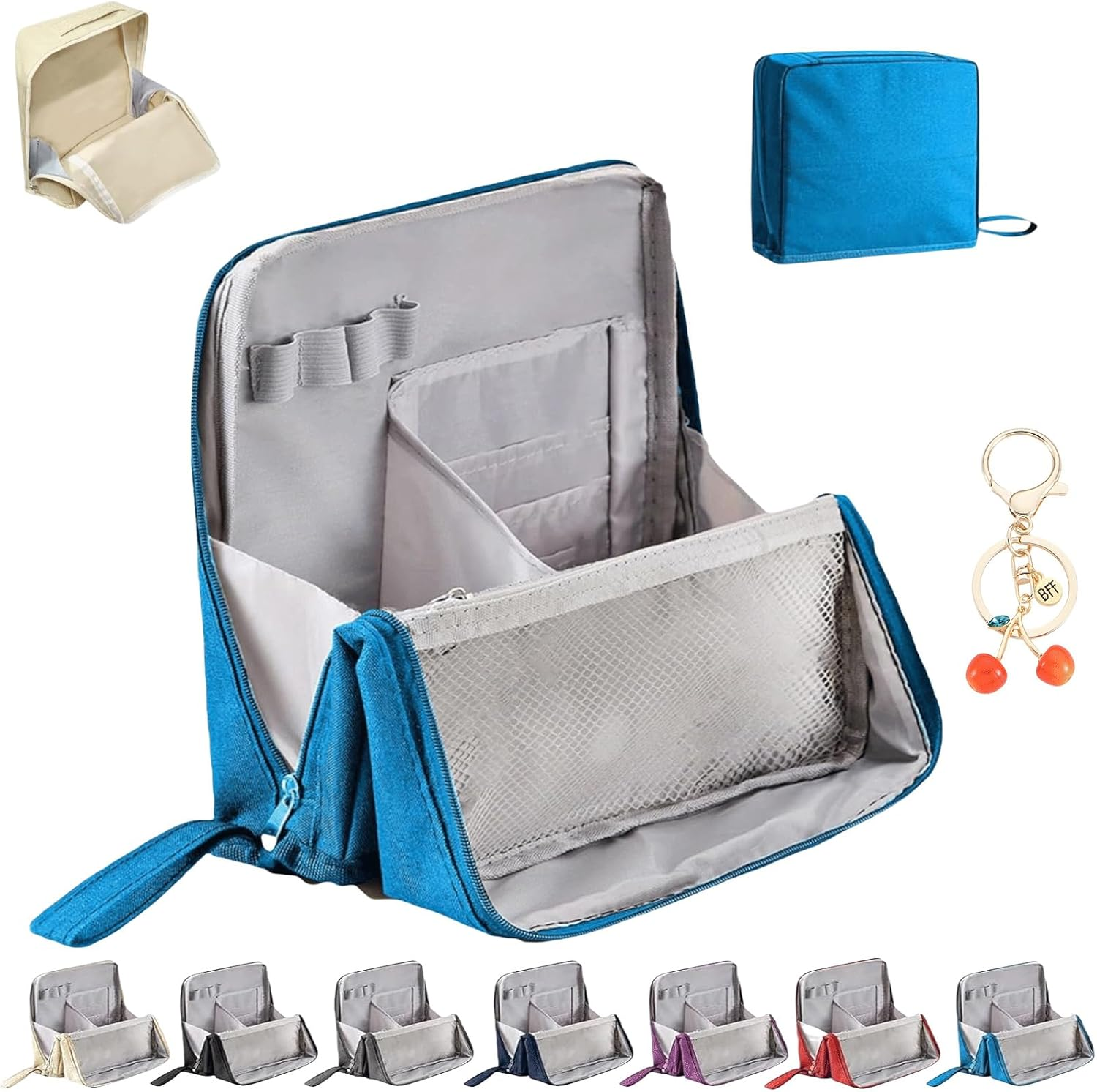 2025 New Doresty Makeup Bag,Doresty Standing Makeup Bag,Multi-Purpose Large Capacity Oxford Cloth Standing Makeup Bags with Compartments for Girls Women, Blue, Classic