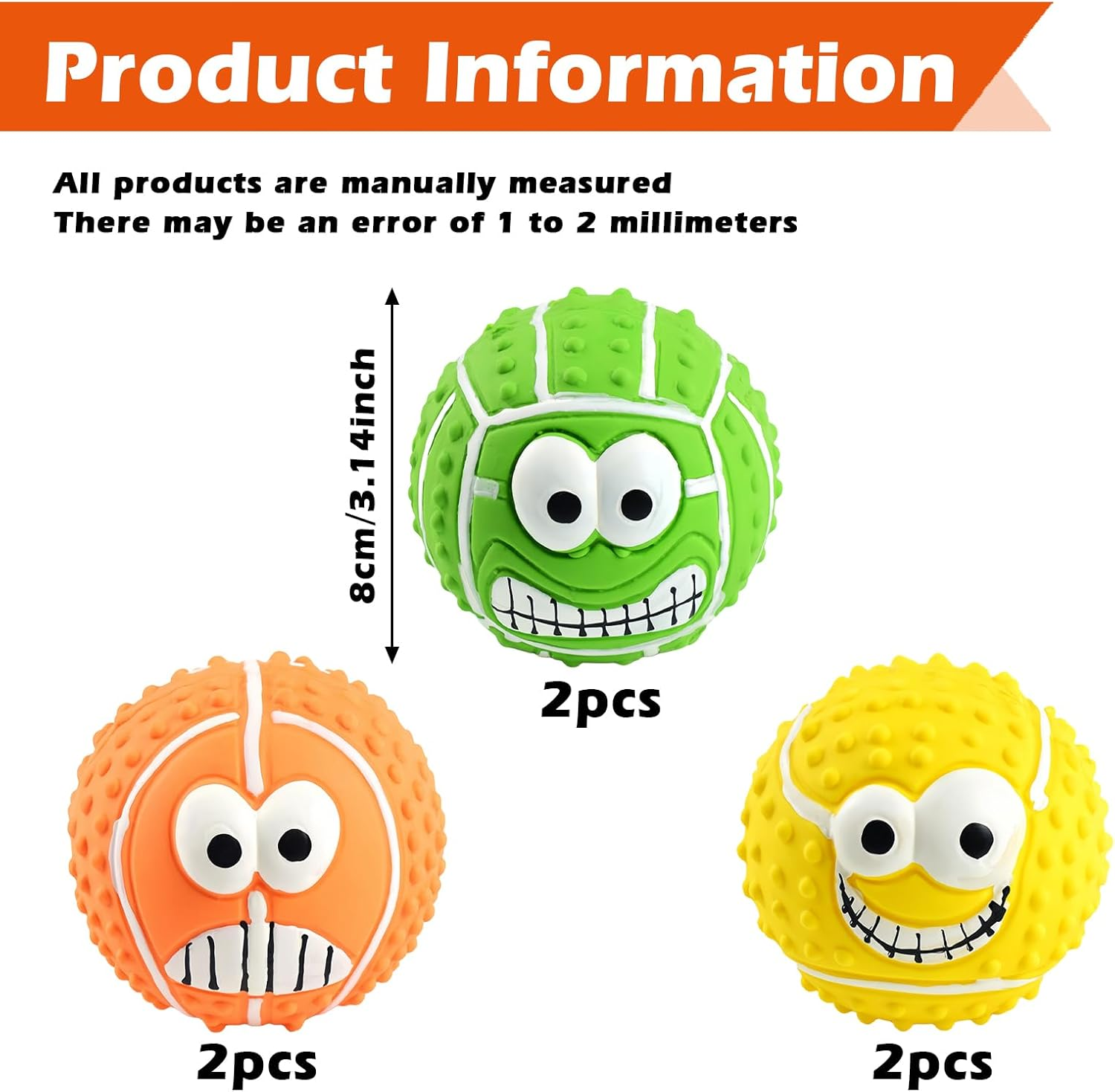 Vegena Squeaky Ball for Dogs, Pack of 6 Dog Balls, Indestructible, 8 Cm Dog Toy Ball, Durable Squeaky Dog Balls, Soft Latex Bouncy Fetch Balls for Large, Medium, Small Dogs