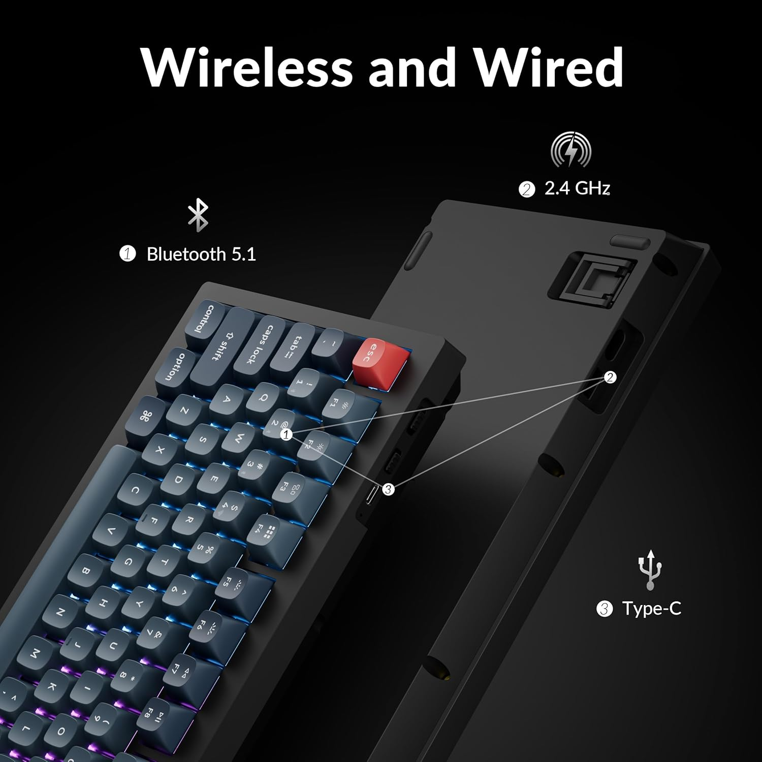 Keychron V1 Max 75% Wireless Mechanical Keyboard, 2.4Ghz/Bluetooth 5.1/Wired QMK Programmable RGB Backlit, Hot-Swappable with K Pro Silent Red Switch Compatible with Mac Windows Linux image number 4