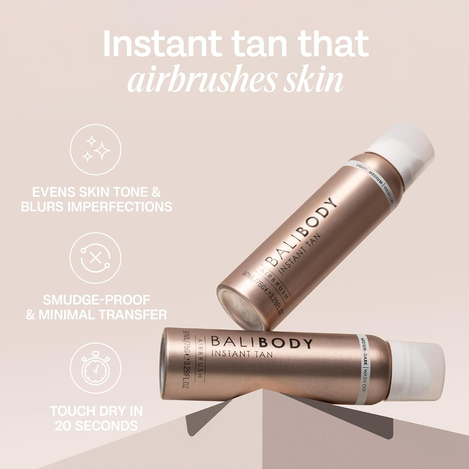 BALI BODY Instant Tan (Light to Medium & Medium to Dark) | This Lightweight Aerated Spray Evens Skin Tone, Blurs Blemishes and Covers Imperfections, Leaving the Skin Looking Tanned and Airbrushed In image number 1