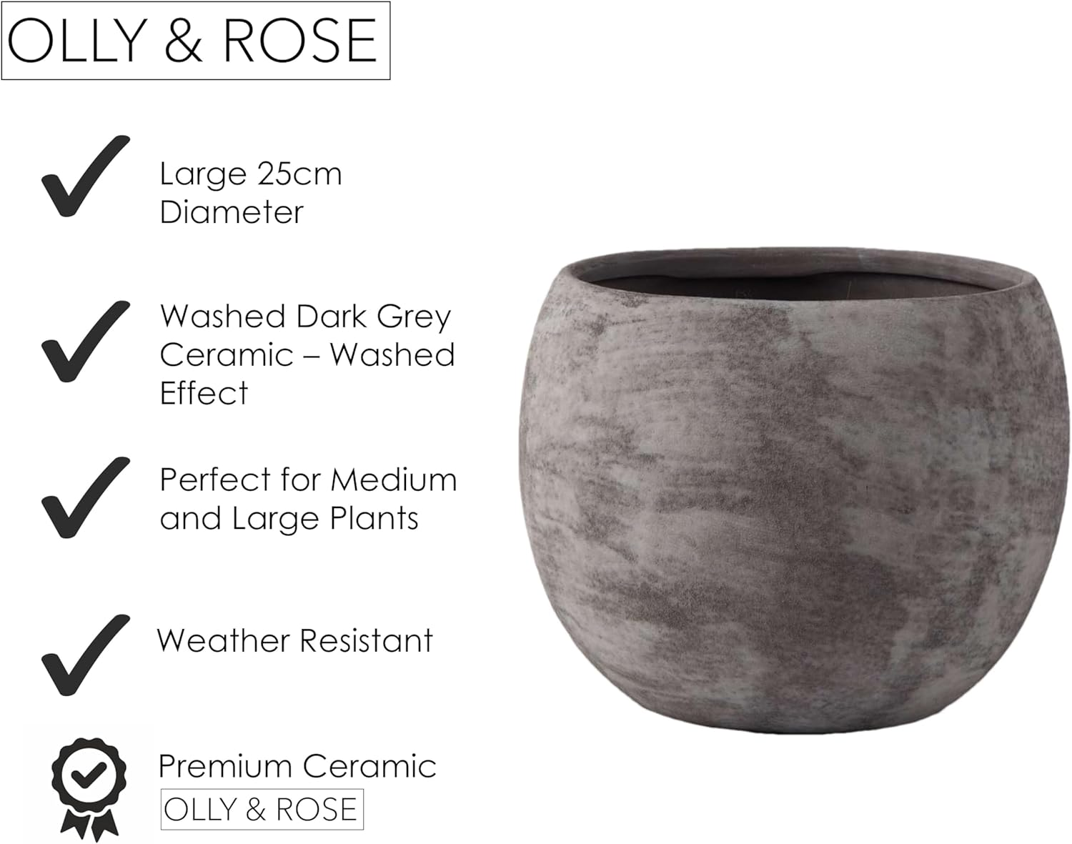 Olly & Rose Black Grey Ceramic Plant Pot Large 25Cm (8085D-5BKGY)