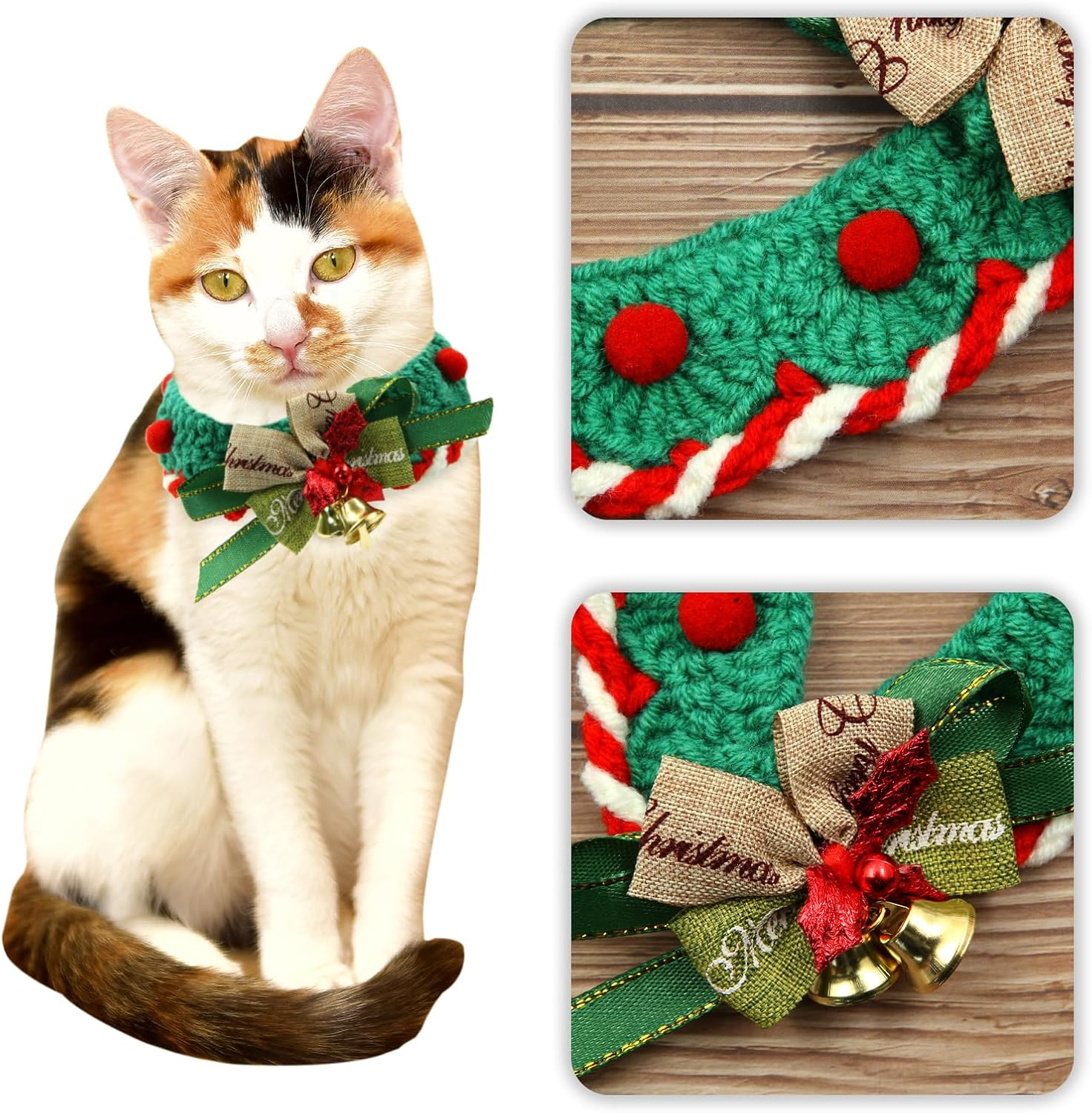 2 Pcs Christmas Collar with Bells Handmade Knitted Crochet Breakaway Scarf Collar for Cat and Puppy Adjustable Cute Woven Collars Necktie for Kittens Small Pets Accessories Christmas Costume Outfits image number 2