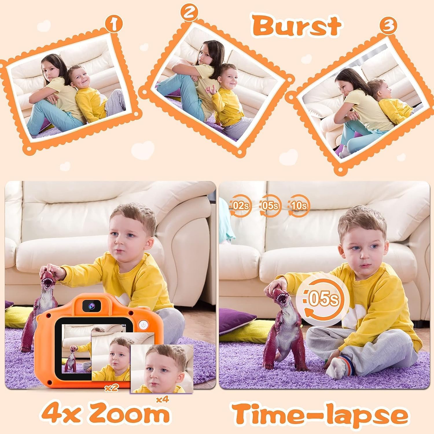 Seckton Kids Selfie Camera, Christmas Birthday Gifts for Girls&Boys Age 3-9, HD Digital Video Cameras for Toddler, Portable Toy for 3 4 5 6 7 8 Year Old Girls&Boys with 32GB SD Card (Orange-Yellow) image number 4