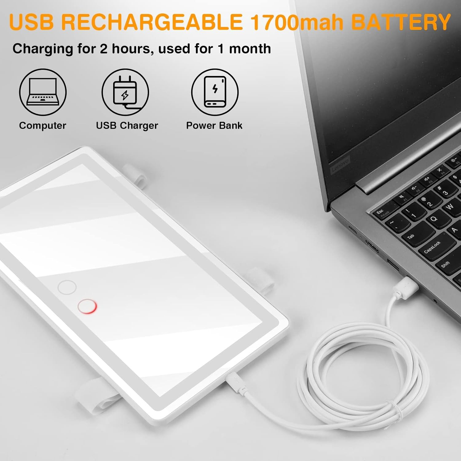 Rechargeable Car Vanity Mirror with LED Lights for Sun Visor &ndash; 3 Light Modes, Dimmable Touch Screen, Memory Function &ndash; Makeup Mirror for Car, SUV, Truck &ndash; Universal Fit (White) image number 2