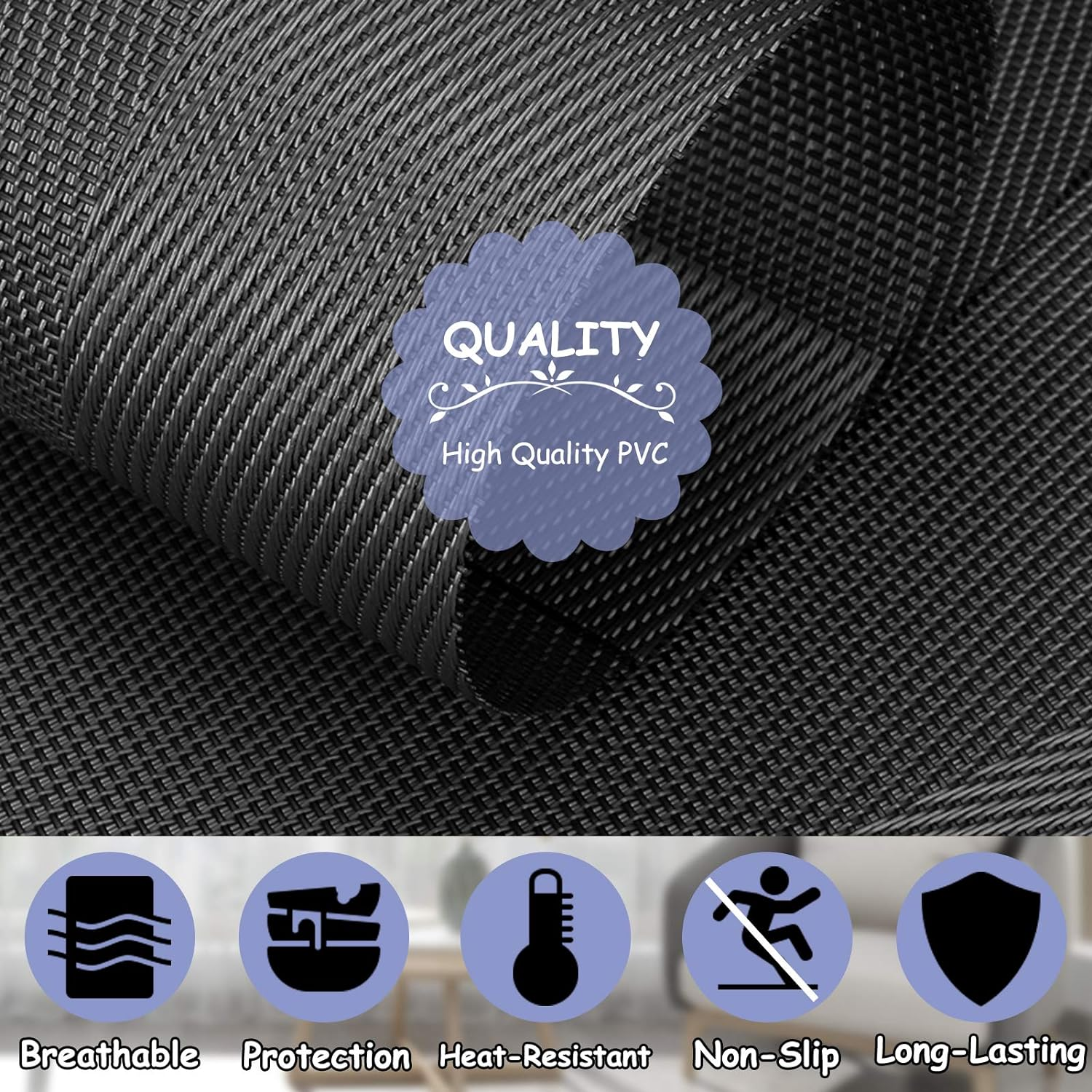 Neween Woven Placemats Set of 6 with 6 Coasters, Heat Resistant Washable Place Mats PVC Table Mats, Non-Slip Woven Vinyl Plastic Placemats for Kitchen Dining Table Easy to Clean (Black) image number 2