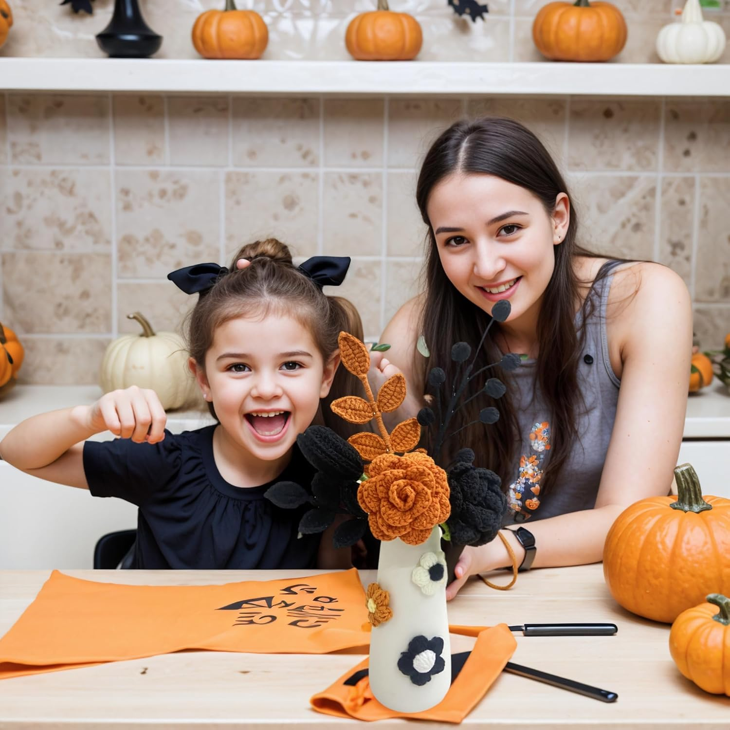 Noristyle Halloween Bouquet Crochet Flowers with Vase for Halloween Decorations Indoor, Black Orange Handmade Crochet Flowers for Home Office Desk Decor Table Centerpiece (Black) image number 4