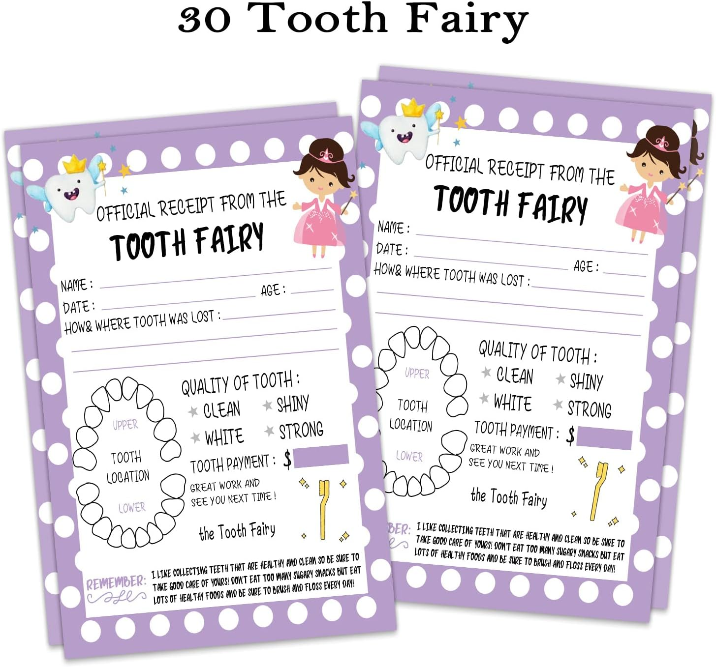 Tooth Fairy Paper Certificate for Kids, Tooth Fairy Report Cards, Official Receipt from the Tooth Fairy, Cute Adorable Keepsake for Kids, Tooth Fairy Receipt for Lost Tooth, Purple, 5 * 7 In image number 1