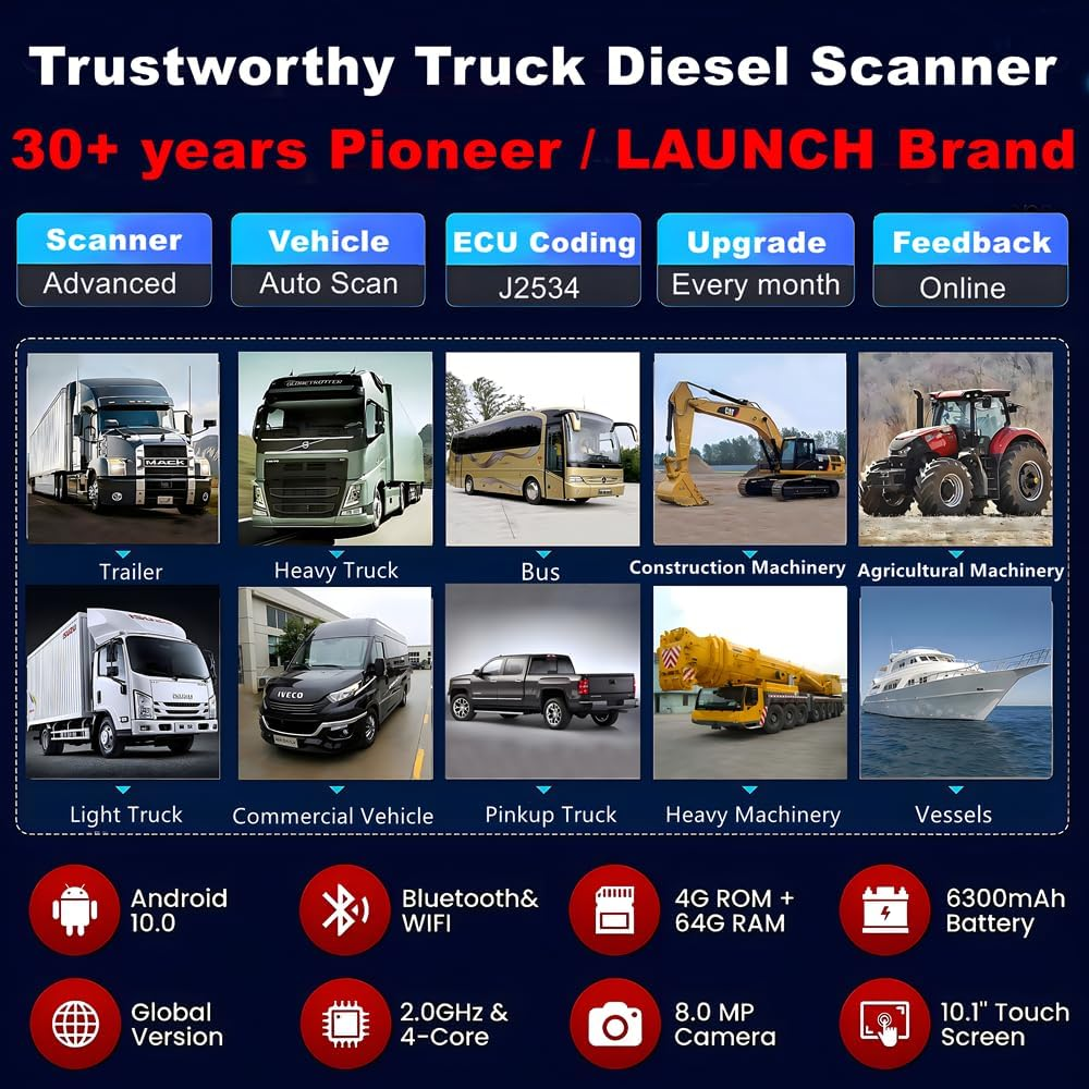 LAUNCH X431 V+ Smartlink HD Heavy Duty Truck Diagnostic Scanner Diesel Commercial Vehicle Construction Machinery Agricultural Bus Scan Tool, J2534 ECU Coding, All System Diagnosis, Active Test image number 1