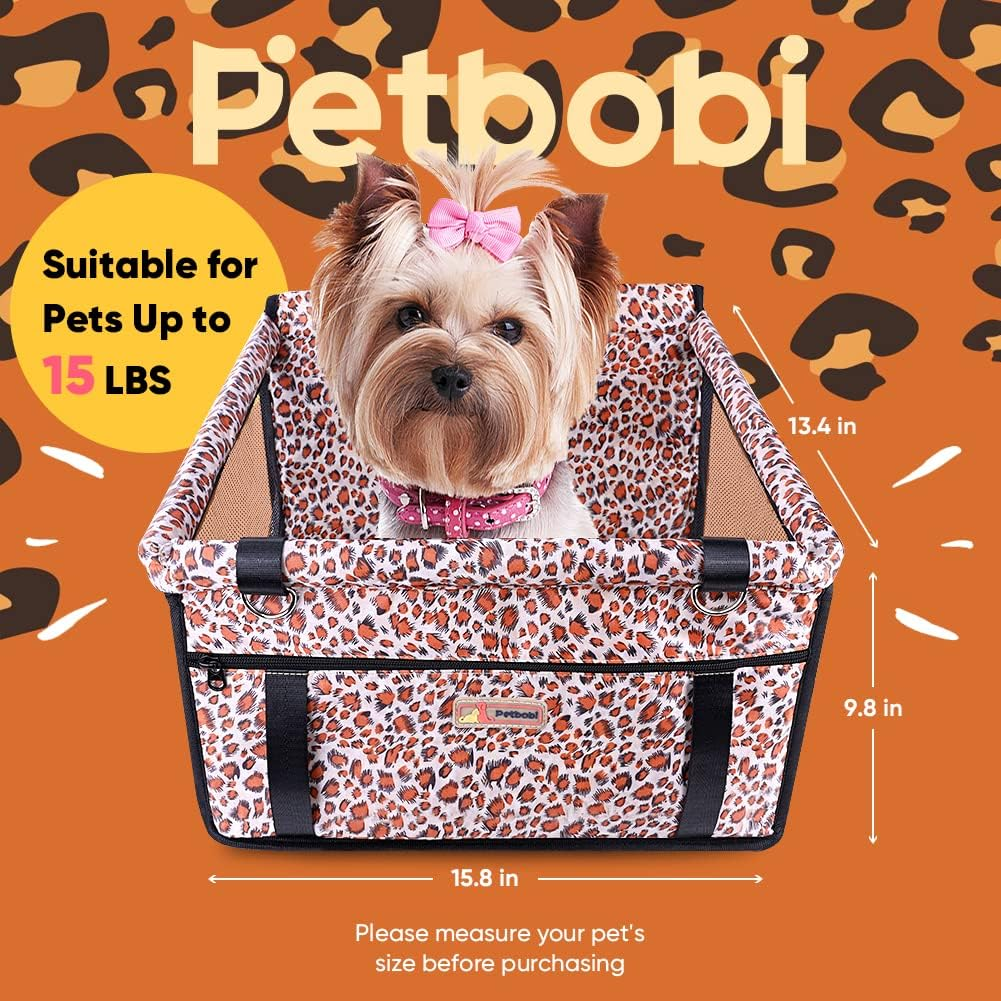 Petbobi Small Dog Car Seat, Dog Car Booster Seat for Small Medium Dogs 5-15 Lbs, Foldable Front Seat Safety with Sturdy PVC Tube Frame, Breathable Mesh, Leopard Print - Black Foot Print image number 2