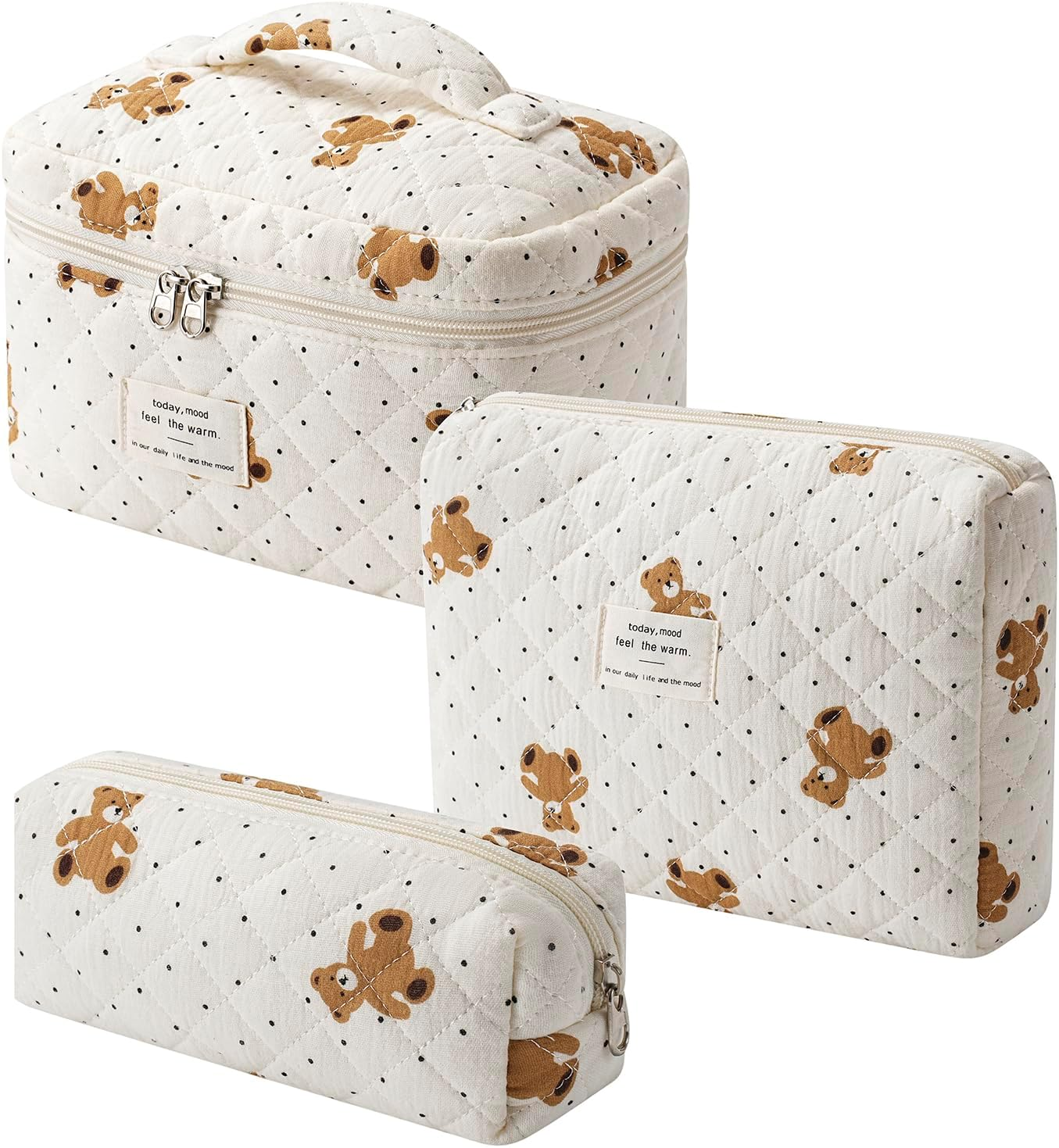 Uekeboag 2 Pcs Large Floral Quilted Makeup Bag Set for Women, Cotton Quilted Big Cosmetic Bag, Coquette Aesthetic Cute Travel Toiletry Bag, 01White Bear