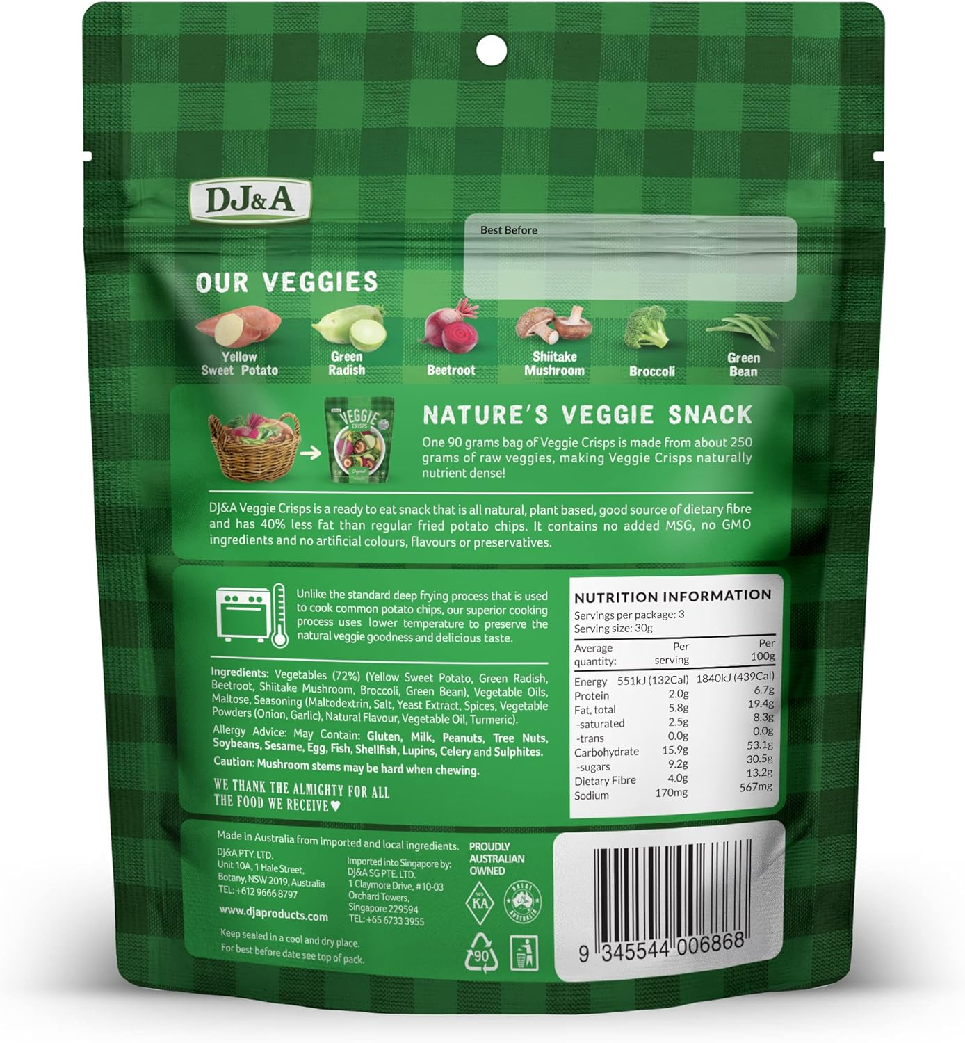 D J & a Products Veggie Crisps 90 G, Natural