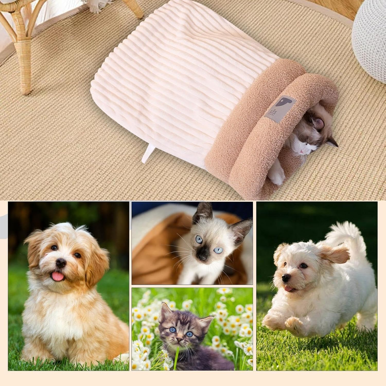 Winter Cat Sleeping Bag, for Cats, Dog, Cat, Winter Warm Sleeping Bag, Plush Soft Pet Bed, Comfort Bed, 360&deg;Wrap Comfortable Pet Snuggle Sack (Bej, Medium) image number 4