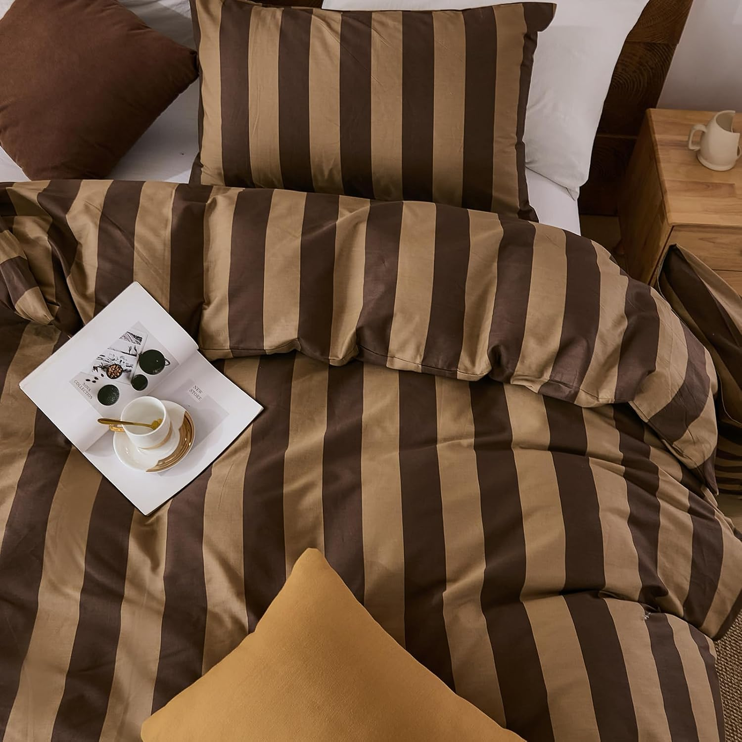 Merryword Brown Striped Duvet Cover Set King Size, 100% Natural Cotton Linen like Duvet Cover Set with Zipper Closure & 8 Corner Ties, Brown Khaki Soft Reversible Bedding for All Seasons image number 1