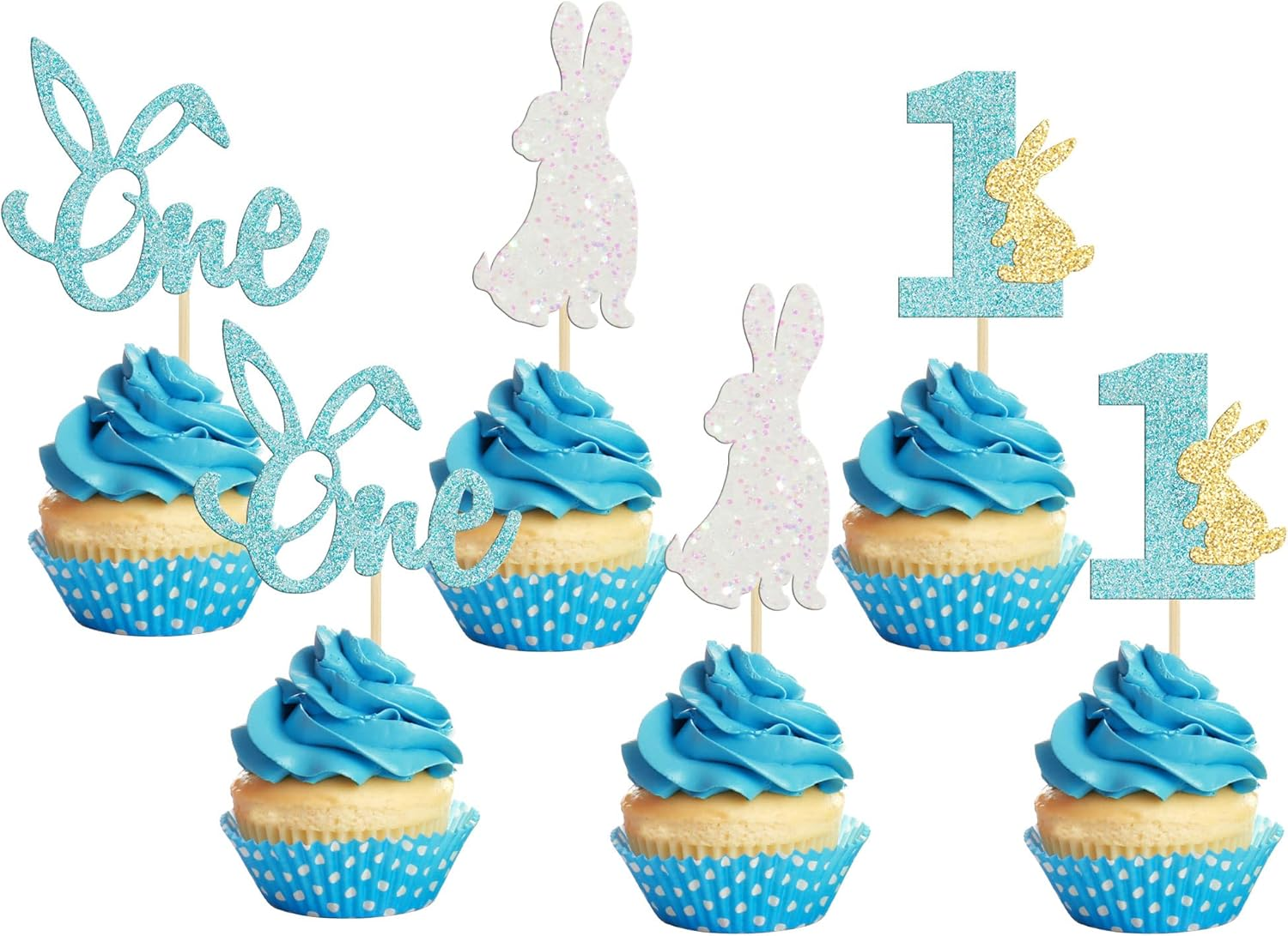 24Pcs Happy Easter Cupcake Toppers Glitter Cute Bunny Cake Decorations Bunny Rabbit Cupcake Picks for Easter Spring Theme Babyshower Kids Birthday Party Supplies