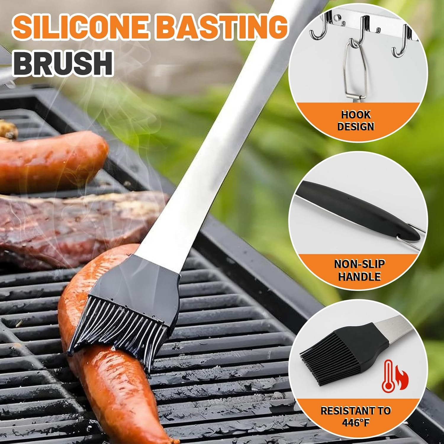 BBQ Tool Set, Stainless Steel Grill Accessories Tools for Outdoor Grilling Cooking Camping, Heavy Duty Grill Spatula, Tong, Fork, Basting Brush & Cleaning Brush, Travel Bag (Black) image number 5