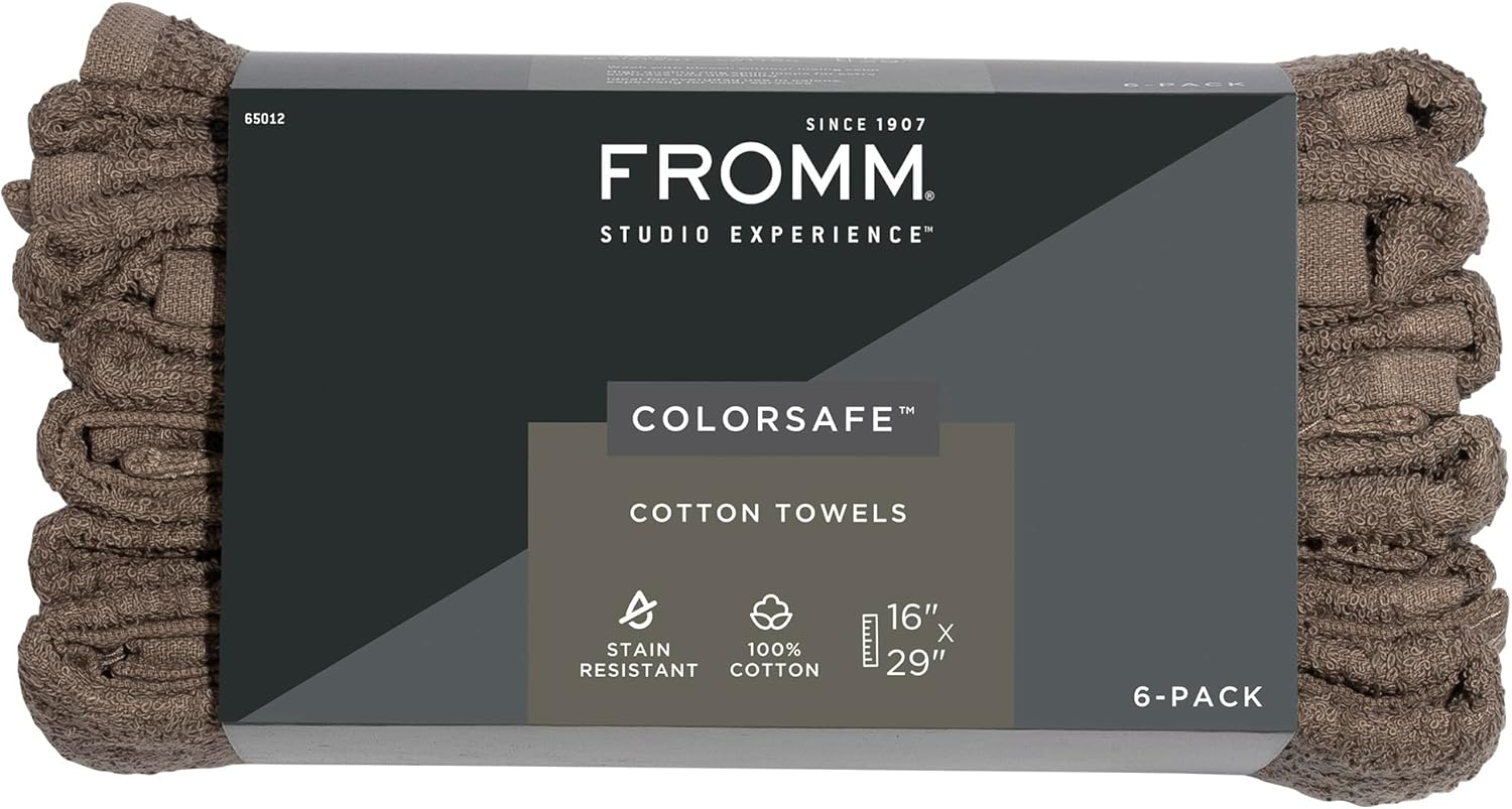 Fromm Colorsafe 100% Cotton Bleach Proof Salon Hair Towels for Hairstylists, Barbers, Spa, Gym in Black, 16" by 29", 6 Count Absorbent Stain Resistant Towels for Drying Curly, Long, Wavy Hair