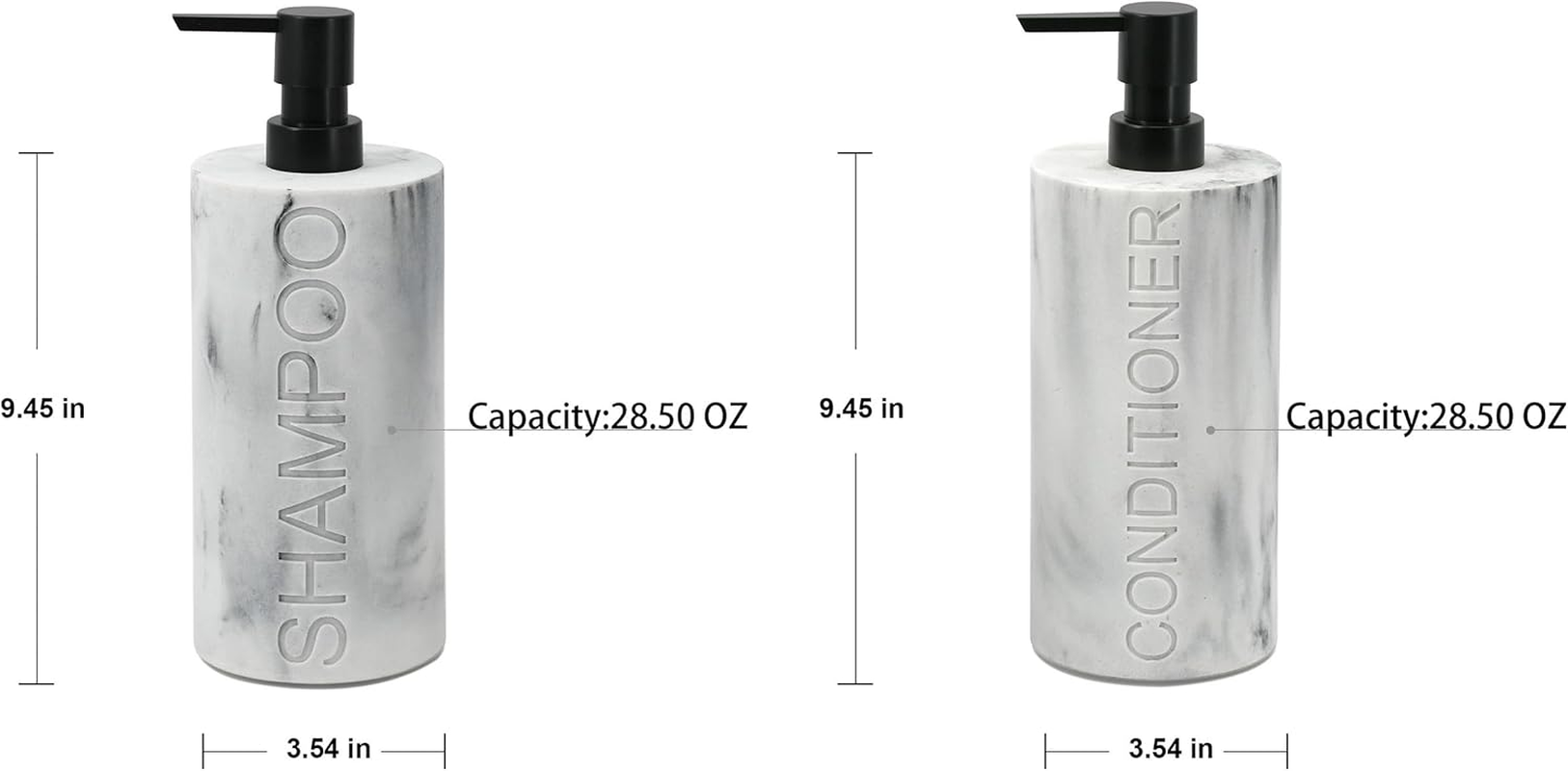Indecor Home Marble Resin 2 Piece Shampoo and Conditioner Dispenser Set, Luxurious Refillable Pump Bottles with Matte Pump Top and Embossed Text, Durable Design for Bathroom and Shower image number 1