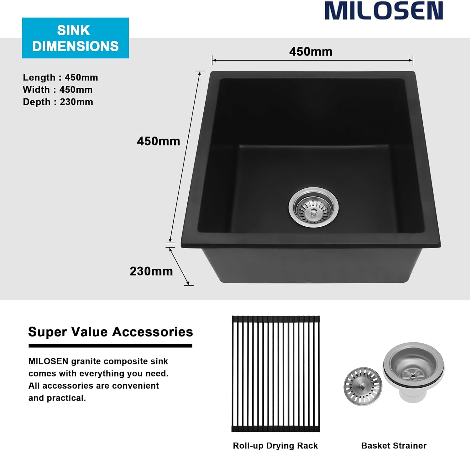 MILOSEN Black Kitchen Sink 45X45Cm, Granite Stone Sink, Mini Black Bar Sink, Undermount Kitchen Sink, Single Bowl Kitchen Sink image number 7