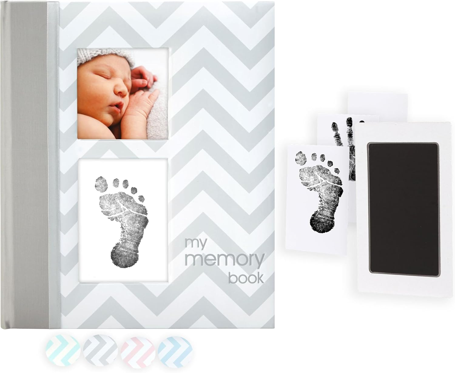 Pearhead Baby Memory Book with Ink Pad, Chevron Grey