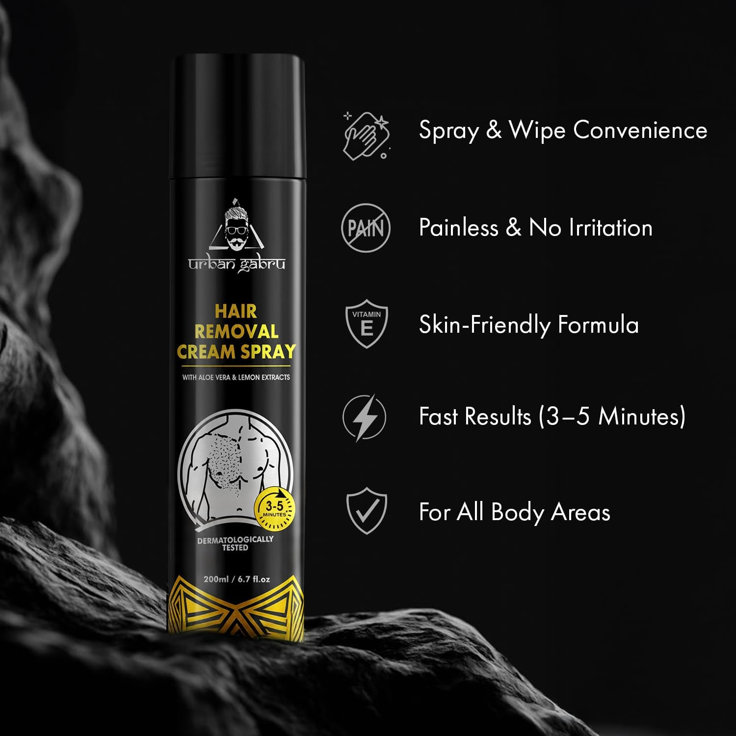 Urbangabru Hair Removal Cream Spray (6.76 Fl Oz) | Painless Body Hair Removal Spray for Chest| Back| Legs & under Arms (Aloe Vera)