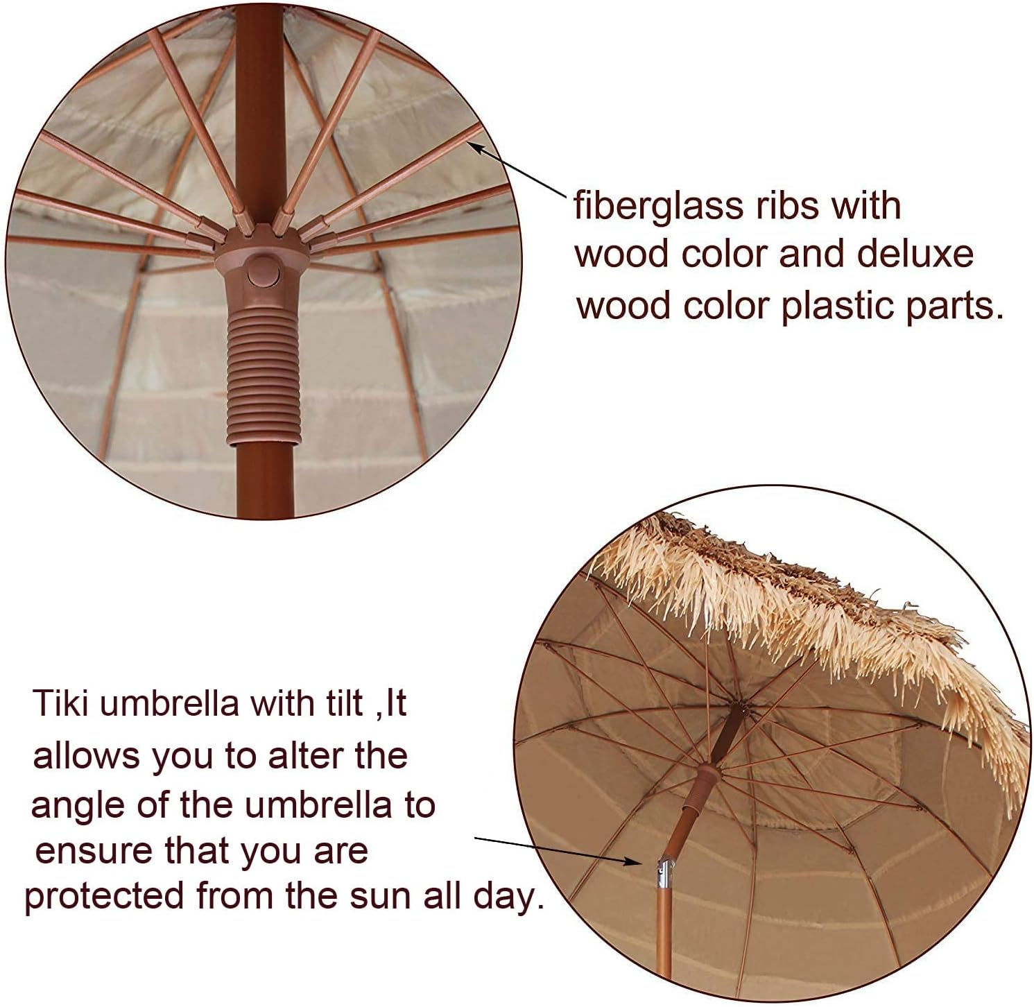 AMMSUN 2.3M Hula Thatched Tiki Umbrella Hawaiian Style Beach Patio Umbrella 10 Ribs UPF 50+ with Tilt Natural Color image number 6