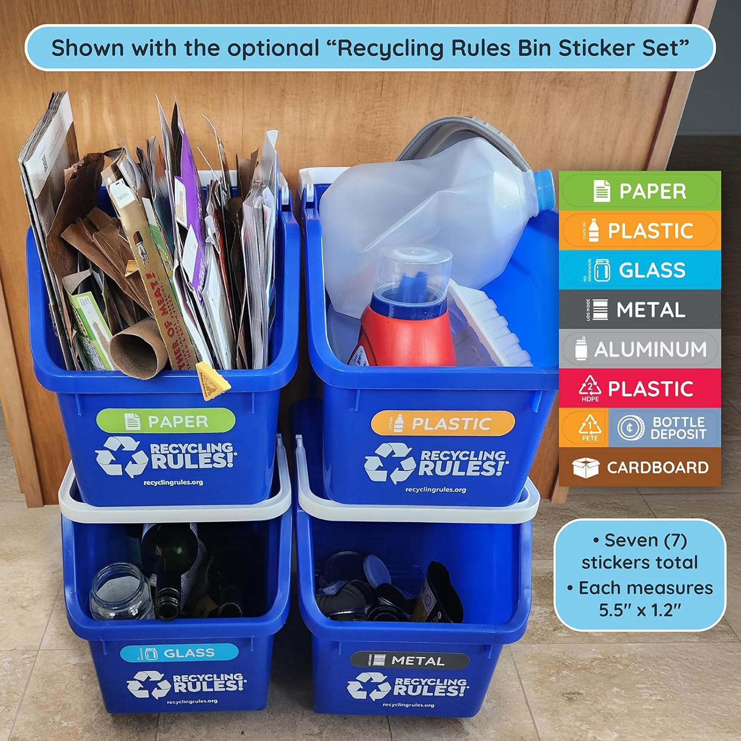Recycling Rules 6 Gallon Stackable Recycling Bin Container in Blue, Eco-Friendly Bpa-Free Handy Recycler with Handle, 4-Pack image number 6