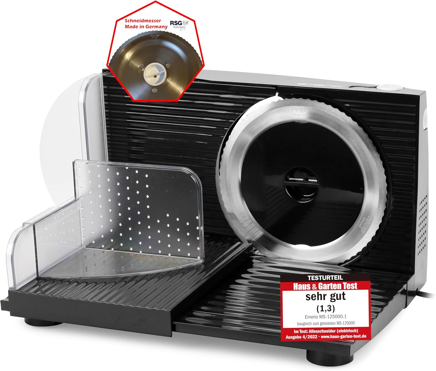 Emerio MS-125000.1 All-Purpose Slicer, Made in the EU, Stainless Steel Knife Unit Produced in Germany, Adjustable 0-17 Mm, Bpa-Free, Space-Saving, Foldable, with Safety Switch, Eco 100 Watt, Black image number 5