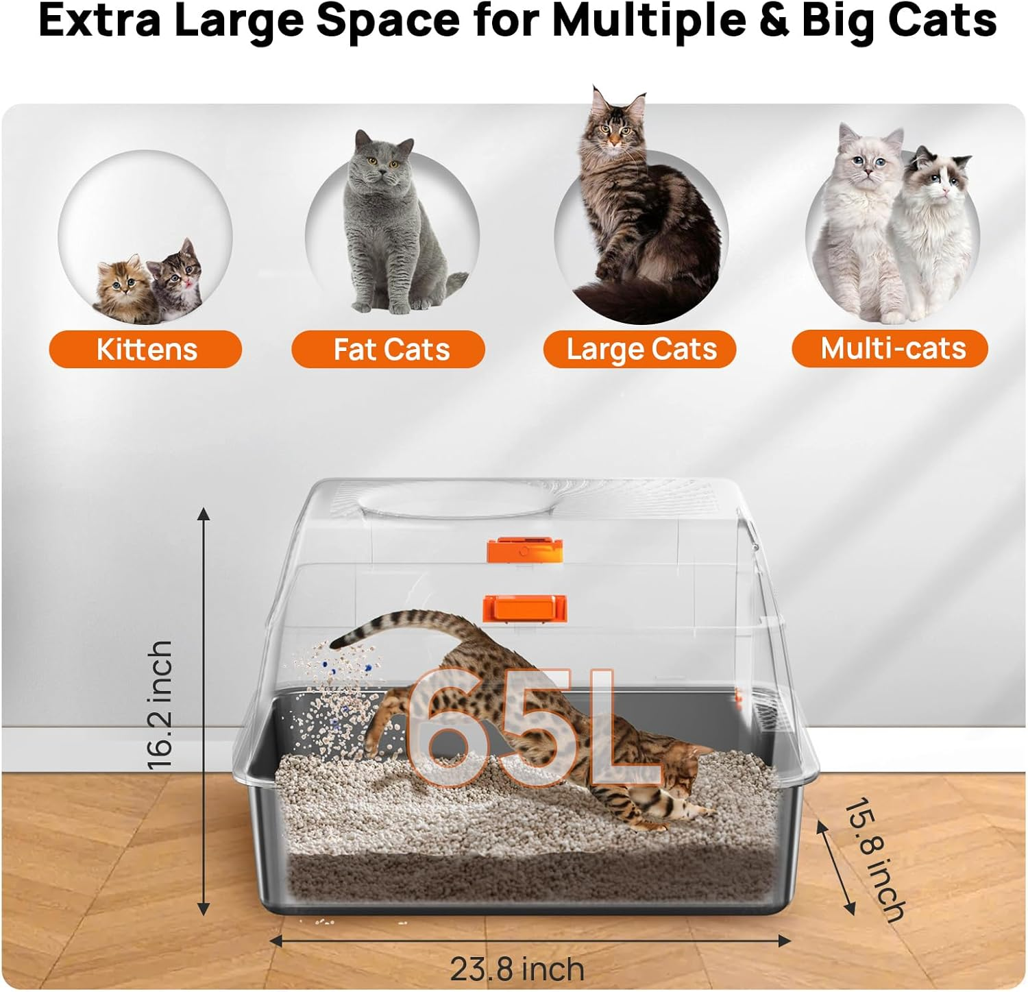 Stainless Steel Litter Box with Lid, SUS304 Metal Cat Litter Box, Enclosed Extra Large Kitty Litter Box High Wall, Jumbo Cat Litter Box with Triple Pedal, Non-Sticky, Anti-Leakage (XL Gray) - Grey image number 2