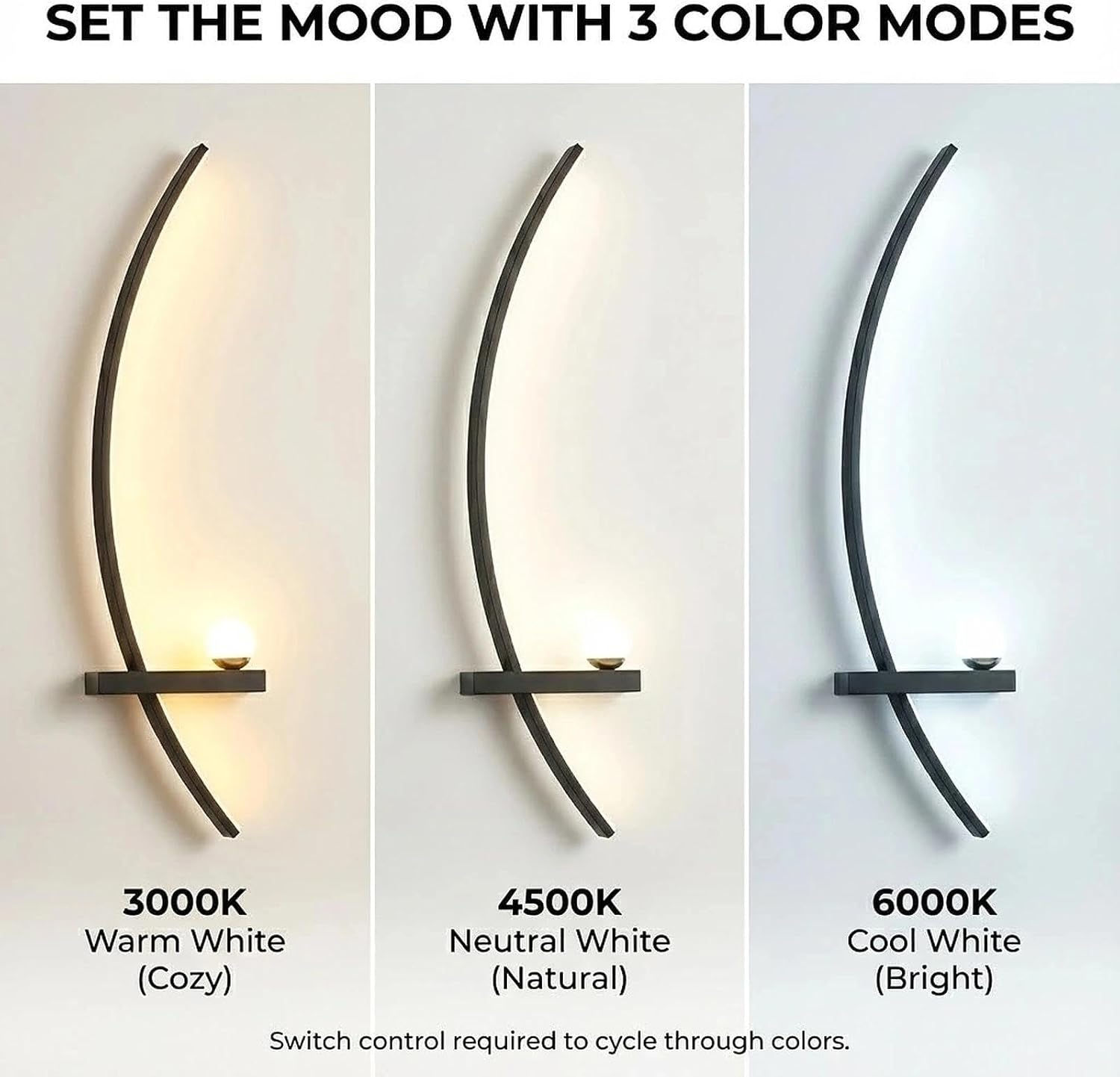 Modern Black Wall Sconces - 21.6" LED Linear Wall Lights for Bedroom & Living Room, 3-Color Dimmable Curved Art Decor Sconce Lamp for Hallway, Stairs & Vanity (Hardwired)(Black Left,105Cm) image number 2