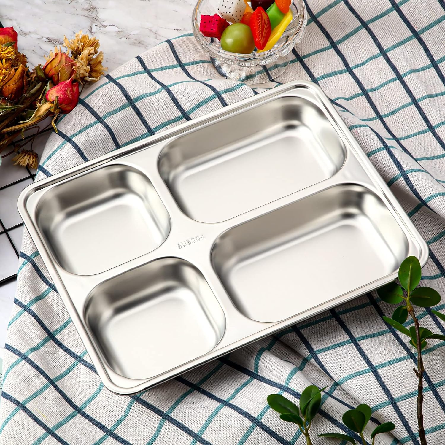 CHENGU 5 Pack Stainless Steel Divided Plates for Adults with Compartments & Serving Plate Dividers (4 Sections) image number 3
