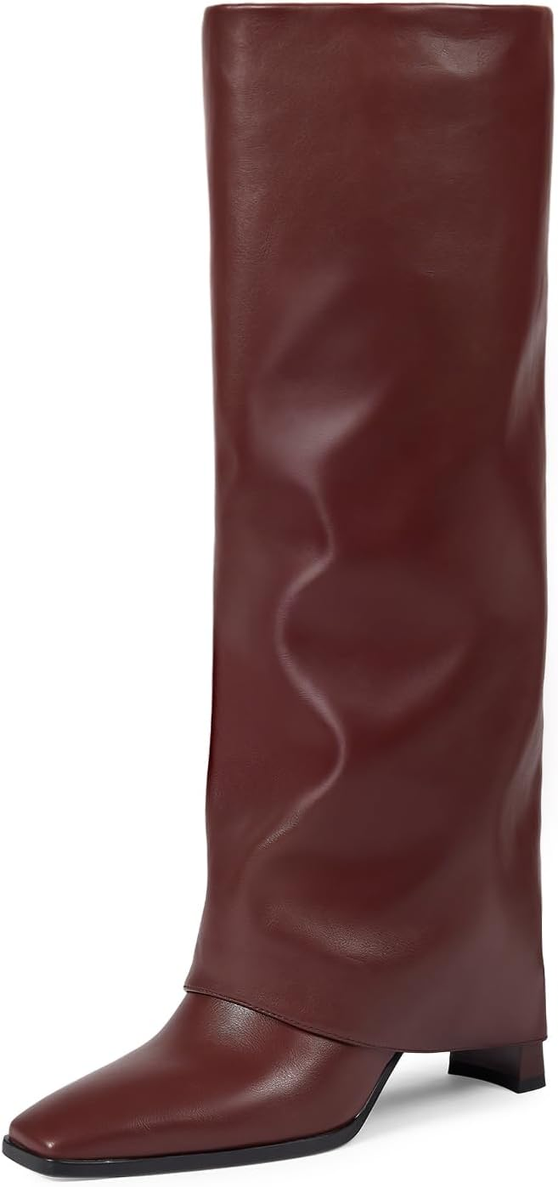 Wetkiss Knee High Boots Women Fold over Square Toe Chunky Heel with Half Zipper Long Knee High Dress Tall Boots for Women Fashion Party Wedding Daily