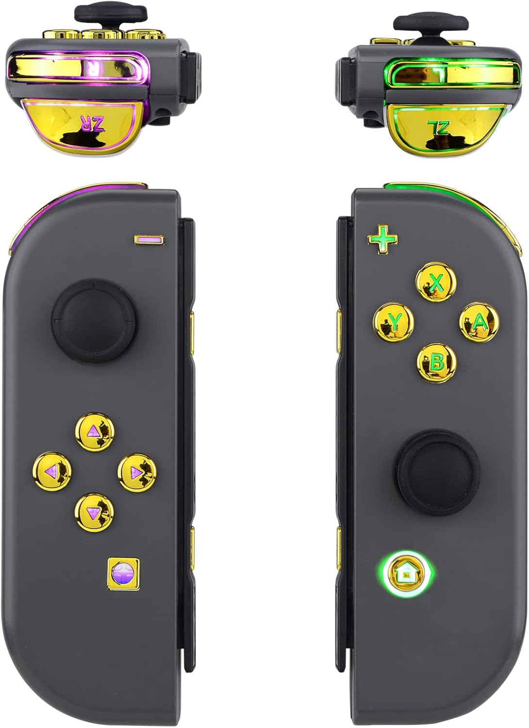 Extremerate 7 Colors 9 Modes NS Joycon DFS LED Kit, Multi-Colors Luminated Chrome Gold Classical Symbols ABXY Trigger Face Buttons for Nintendo Switch & Switch OLED Model Joy-Con - Joycon NOT Included - Black Symbols Buttons Set image number 7