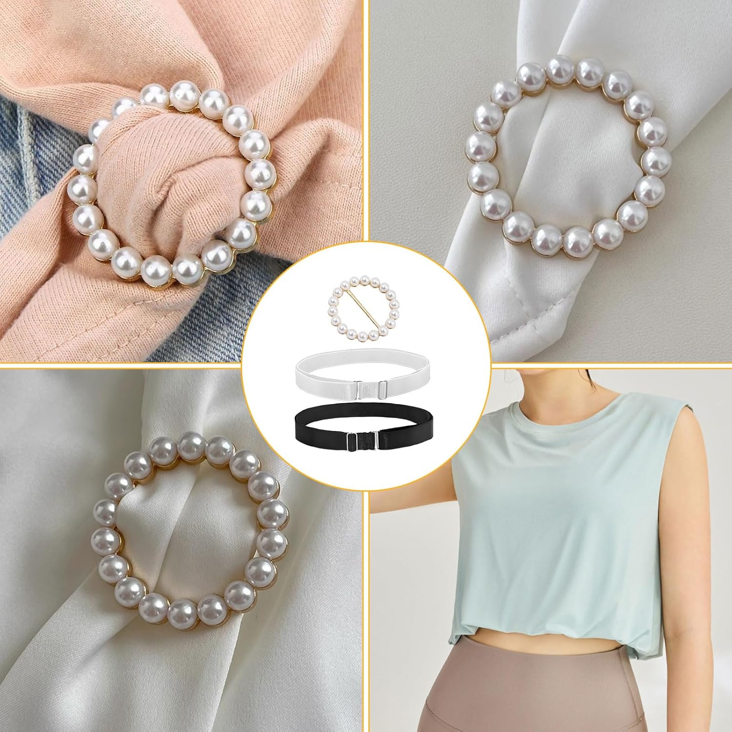 Tuck Band, 4 Pcs Elastic Band, Crop Top, Adjustable Crop Tuck Band for Shirts, Crop Tuck Tool Elastic Belts Shirt Tuck for Change You Style Your Tops, Black & White and 2Pcs Pearl Button image number 1