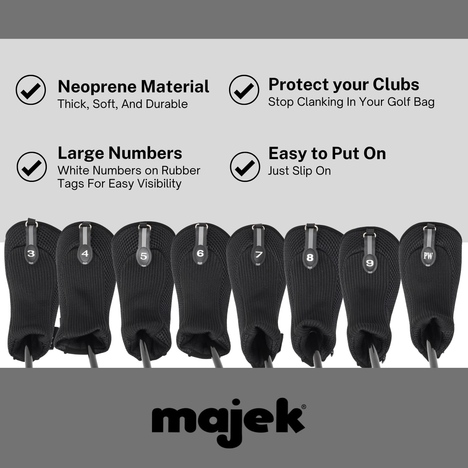 Black All Hybrid Headcover Set 3 4 5 6 7 8 9 Pw Golf Club Covers Head Cover Neoprene Mesh Complete image number 4