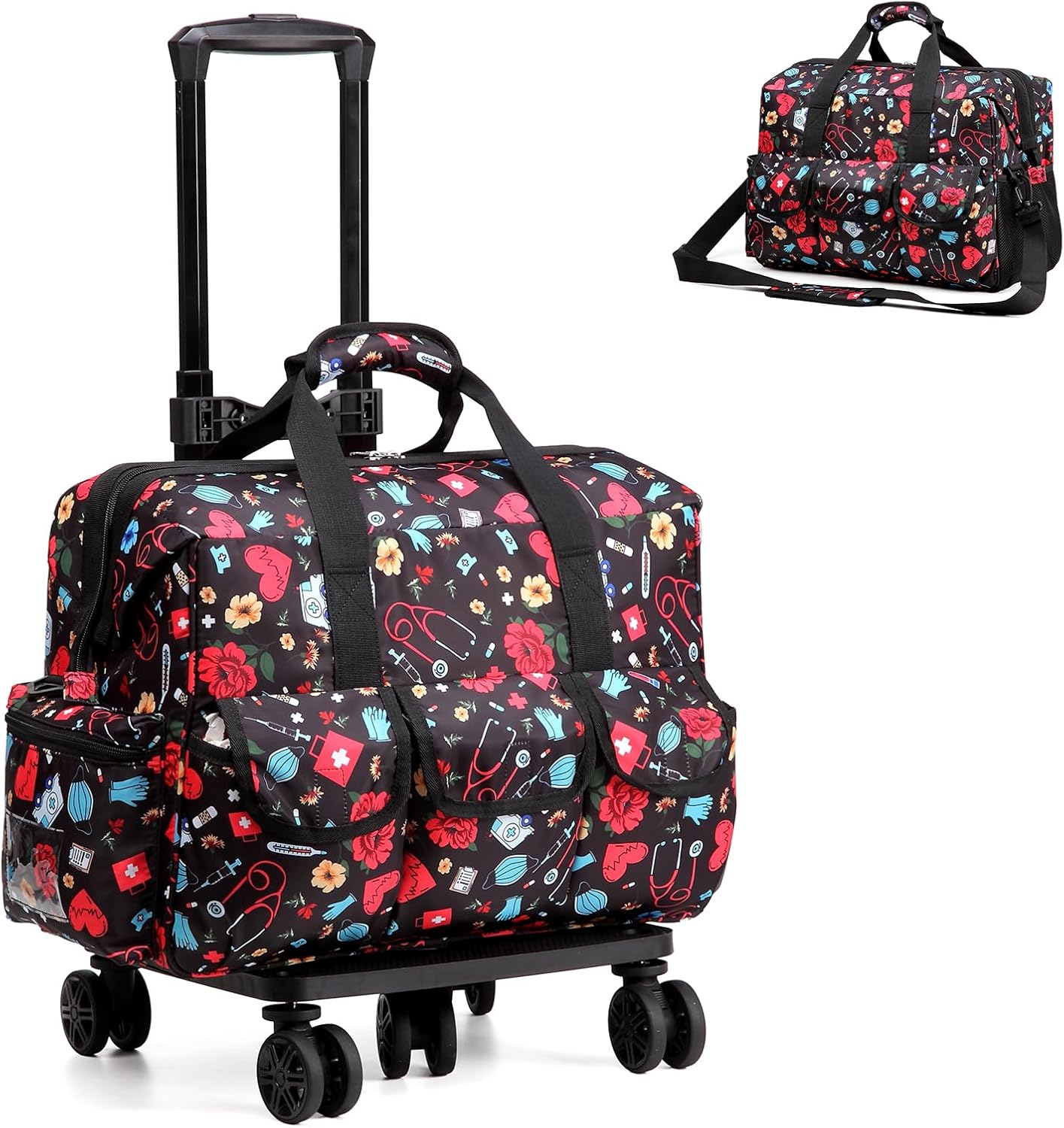 Nurse Rolling Medical Duffle Bag for Work, Clinical Home Health, CNA Gift - Carry on Bag with Wheels for Doctor, EMT, EMS Healthcare, 18.5 X 10.7 X 13 Inches - Black And Red image number 3