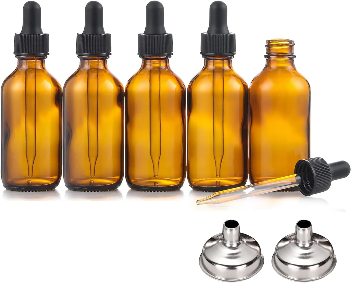 Dolemay Glass Dropper Bottles,5 Pack Boston round Amber Glass Bottles with 2 Stainless Steel Funnels,Leak Proof Travel Bottles for Essential Oils,Perfume,Refillable Glass Bottles for Storage-10Ml