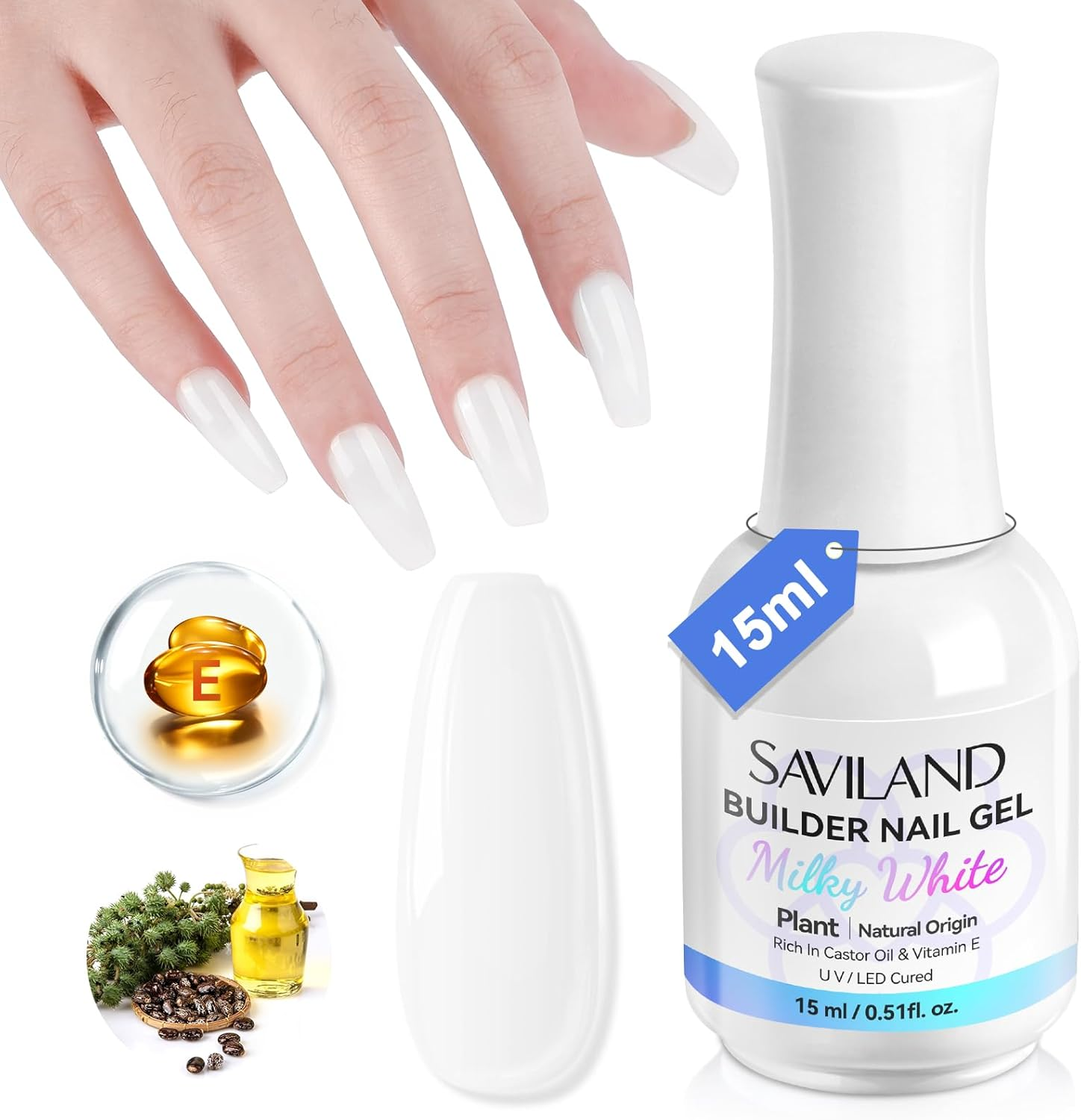 SAVLAND Plant-Based Builder Nail Gel: 8-In-1 Gel Builder for Nails Castor Oil Vitamin E Nail Gel Builder for Nail Extensions Strengthen Apex Enhancement Gel Nail Builder with Liner Brush 15 Ml White image number 3