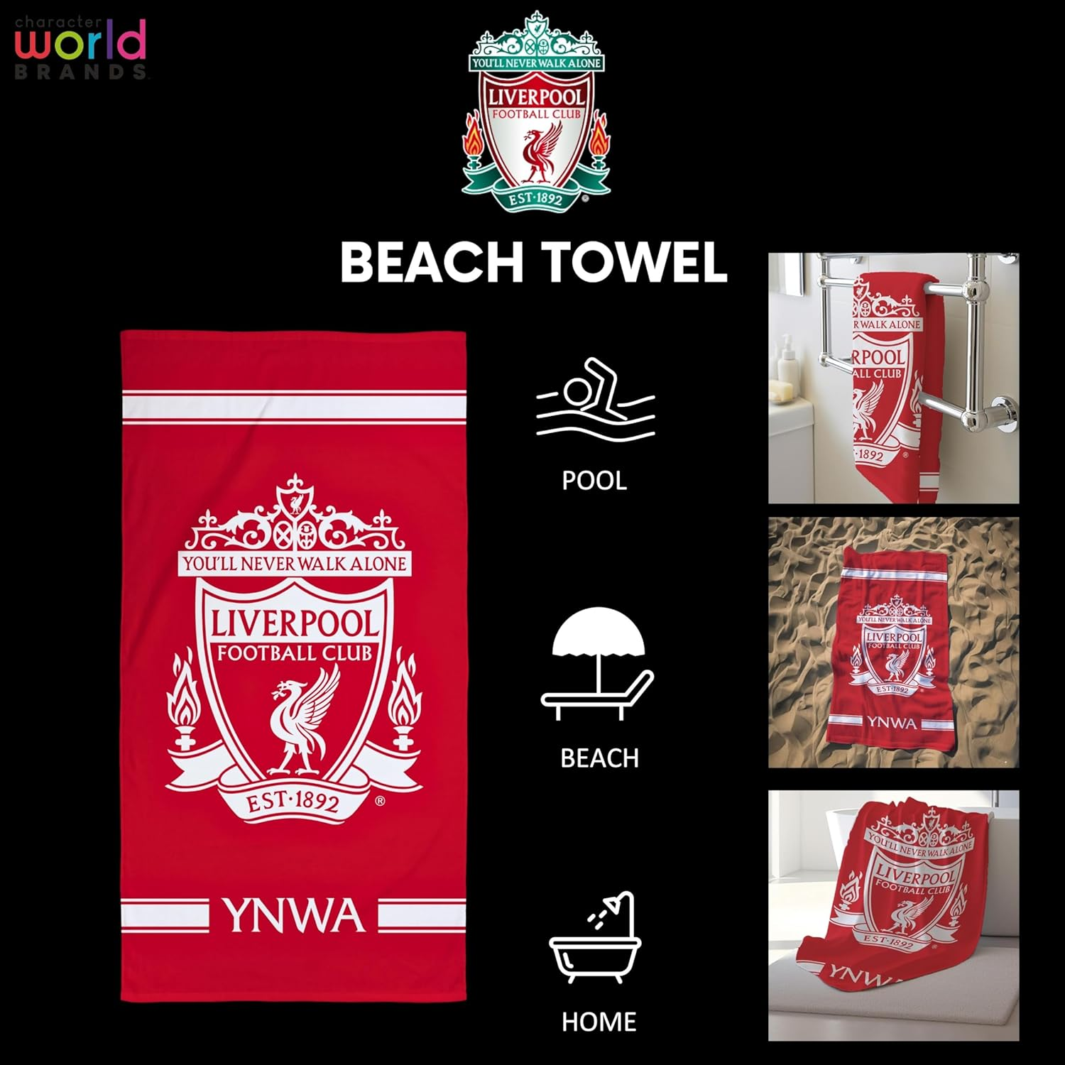 Liverpool FC Character World Official Towel | Super Soft Feel, YNWA Football Club Design | Perfect the Home, Bath, Beach & Swimming Pool | One Size 75Cm X 150Cm | 100% Cotton