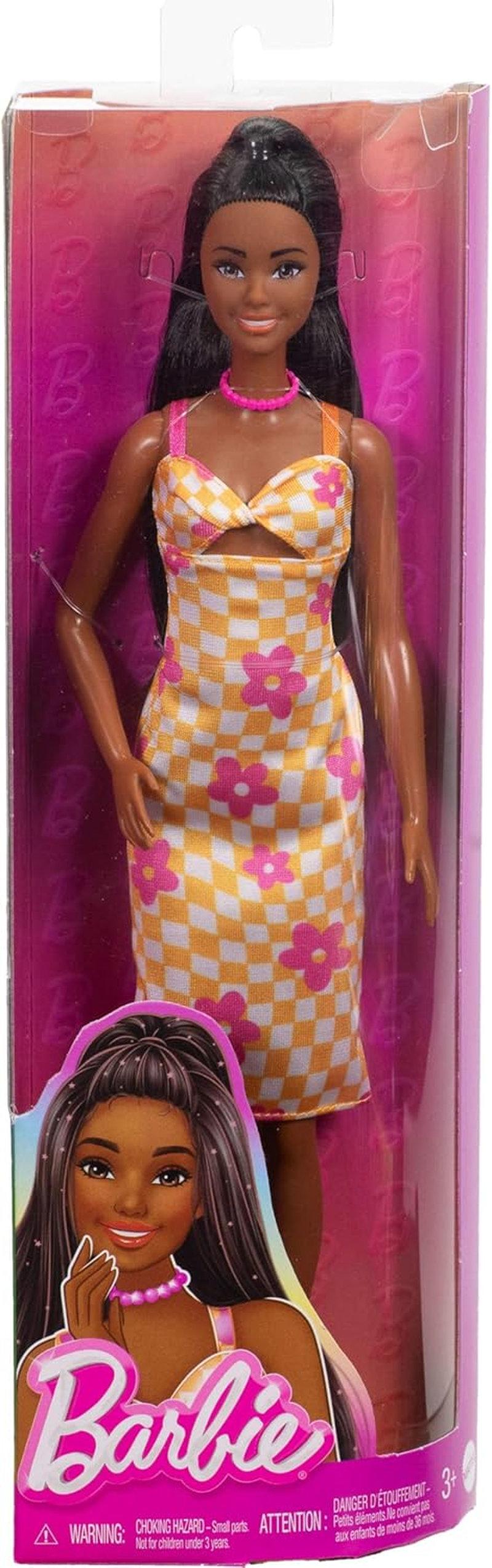 Barbie Fashionistas Doll #233 with Black Hair, Wearing Checkered Orange and Pink Flower Midi Dress with Necklace and Sandals - [Mehrfarbig] image number 4