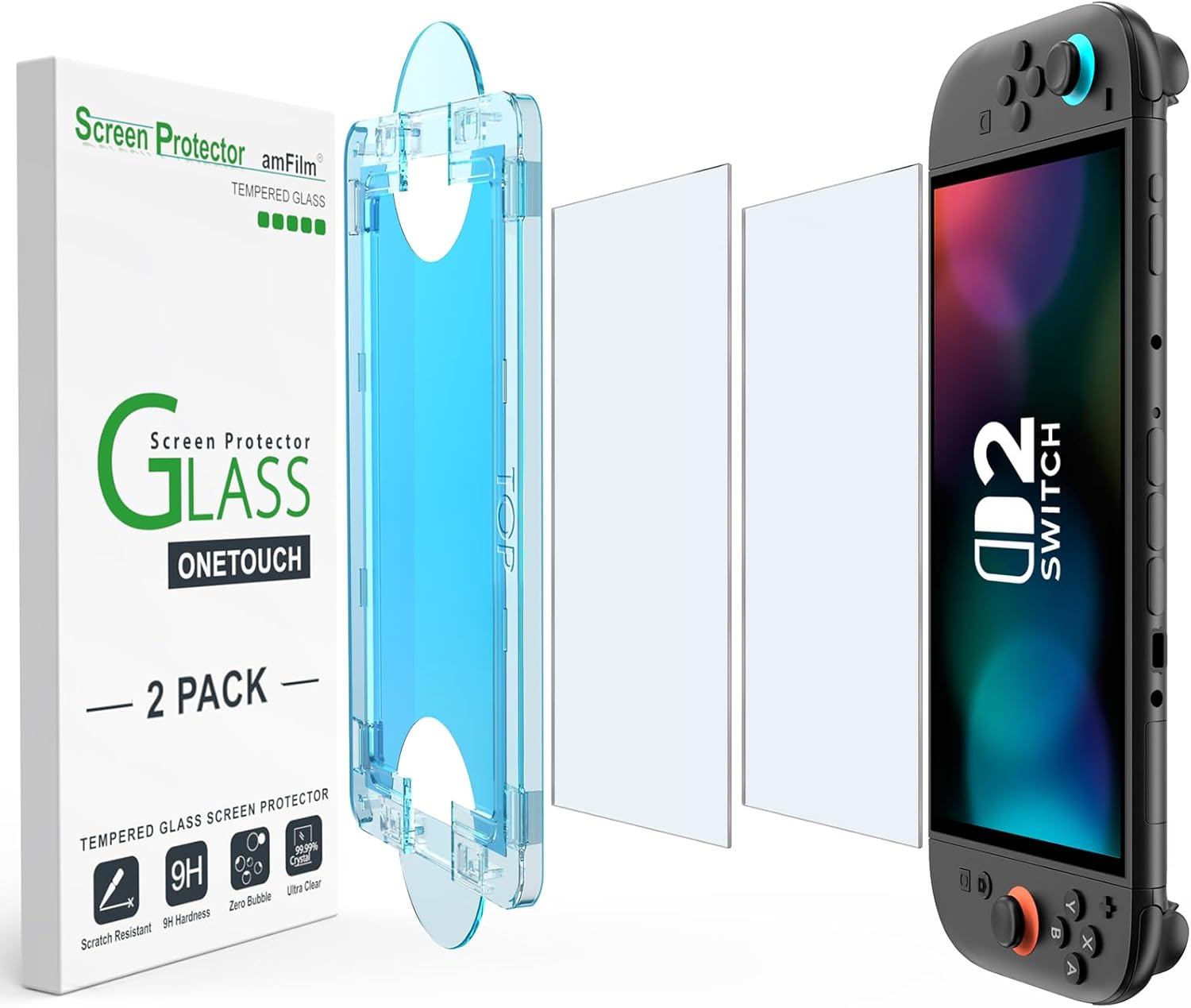 Amfilm Onetouch Matte Tempered Glass Screen Protector Designed for Nintendo Switch 2 Model 2025 - with Auto Alignment Kit, Anti-Glare & Anti-Fingerprint, Bubble Free [2-Pack]