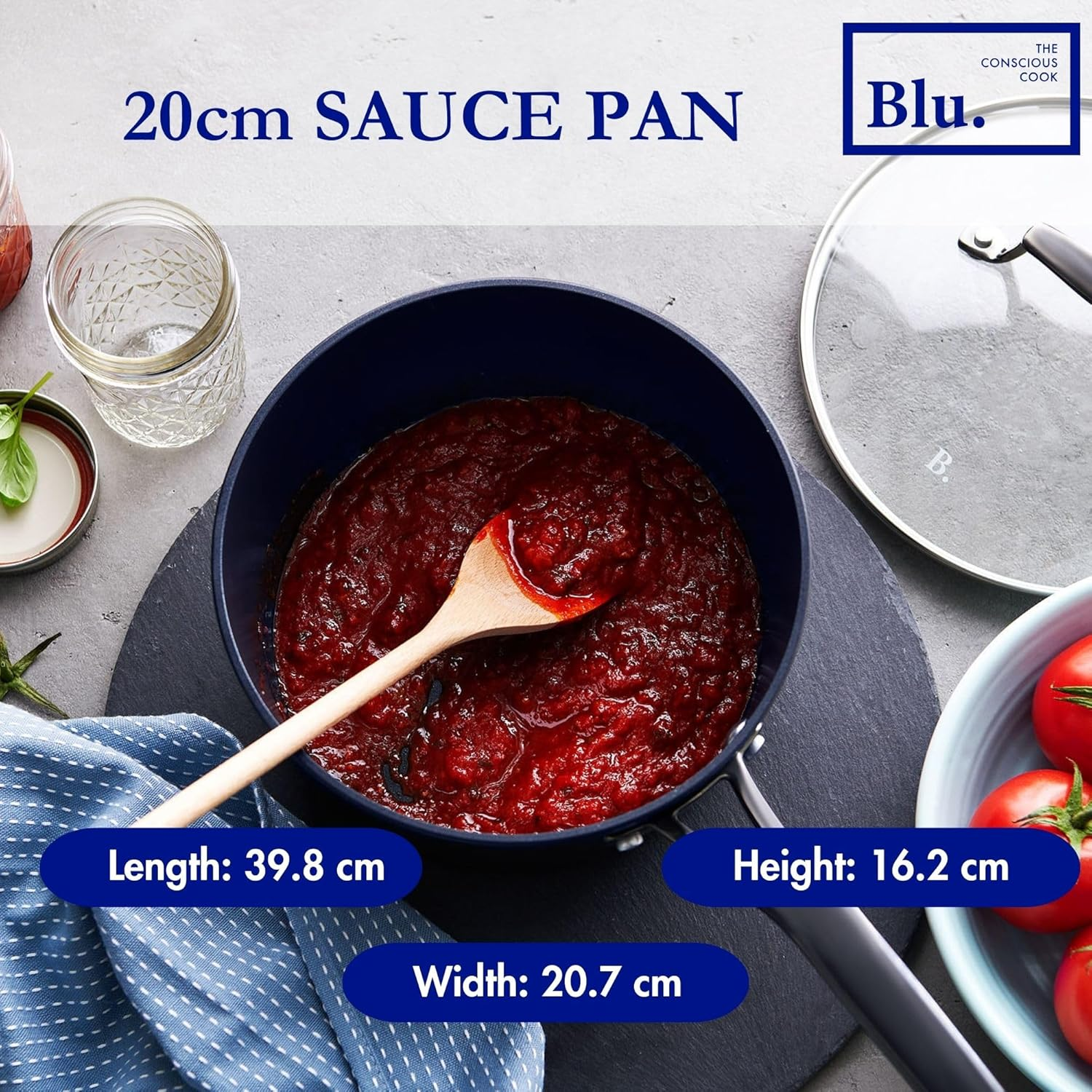 Blu. Cookware 20Cm Nonstick Sauce Pan with Lid Toxin-Free, Durable Non-Stick Ceramic, Recycled Aluminium, Pfa/Pfoa-Free, Suitable for All Hobs, Includes Cleaning Bamboo Brush image number 2