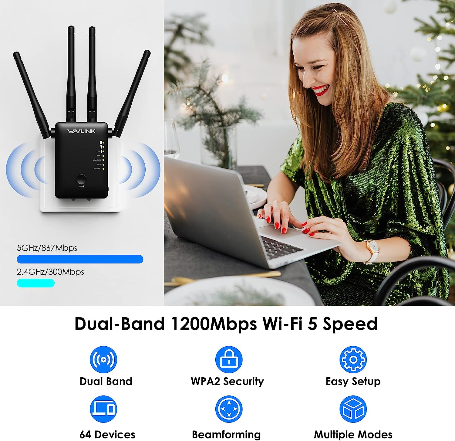 WAVLINK AC1200 Dual Band Wifi Extender/Repeater/Access Point/Router with Gigabit Ethernet Port & 4 High Gain Antennas, WPS 1200Mbps Wifi Booster for Home Office (575A3) image number 1