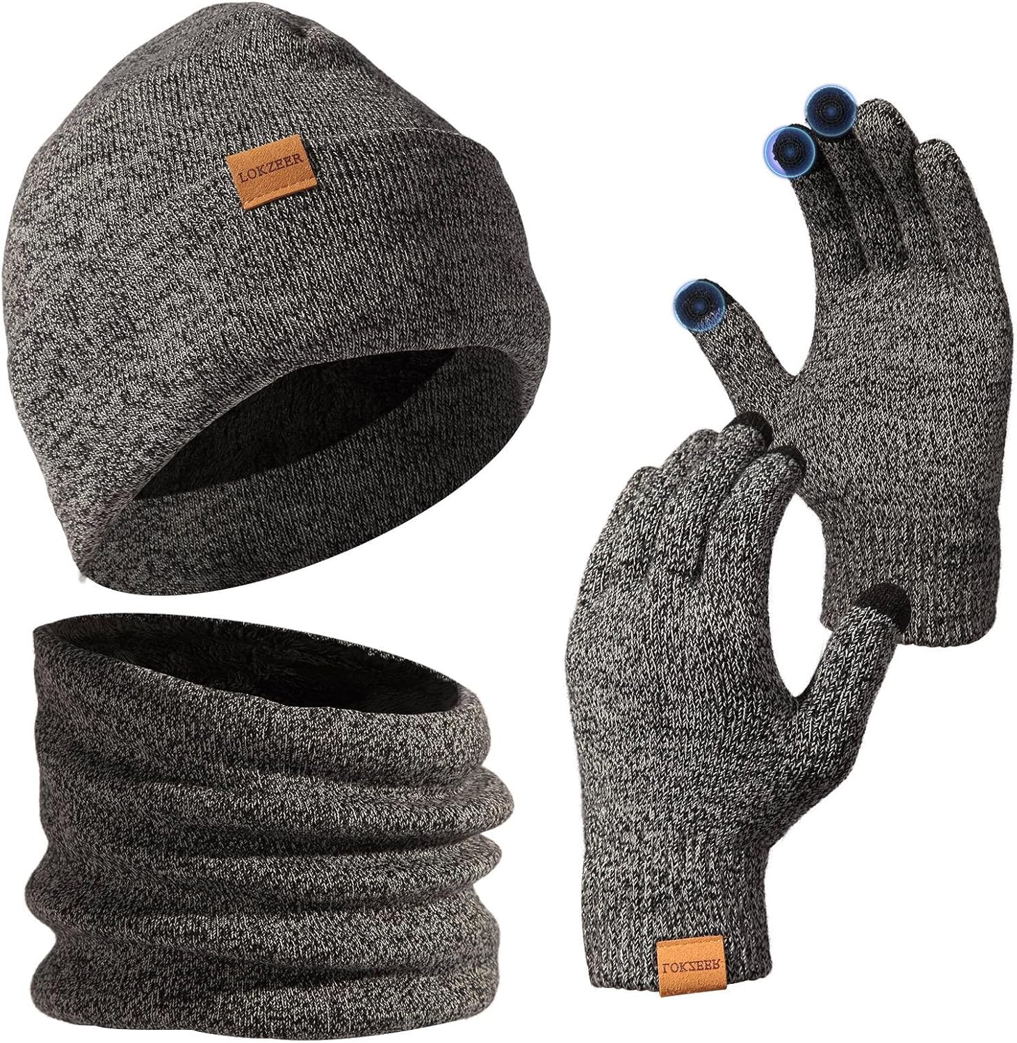 LOKZEER Winter Beanie Gloves Scarf Set: Men Women Warm Hat Scarves with Thermal Wool Lining. Knit Beanies Neck Warmer and Touchscreen Gloves 3 in 1 (One Size)