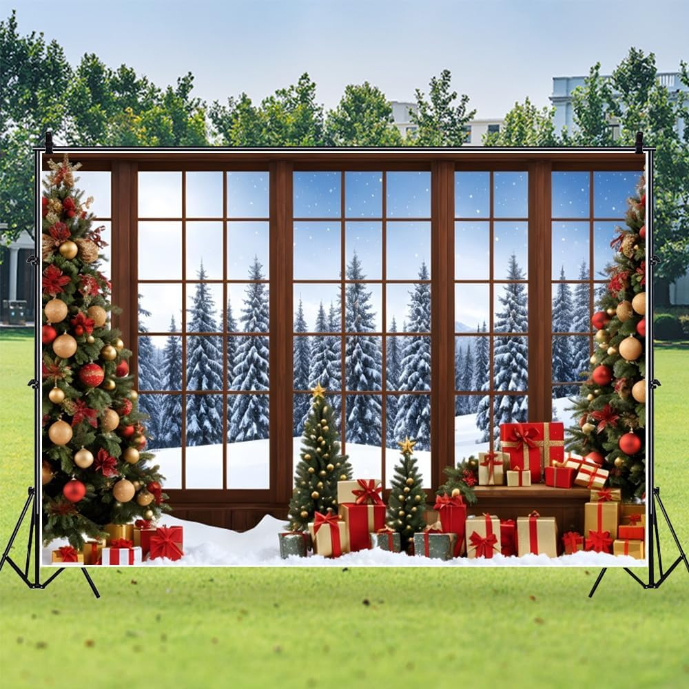 7&times;5Ft Winter Christmas Window Backdrop for Photography Merry Xmas Pine Tree Indoor Background Snow Holiday Photobooth New Year Party Decorations Photo Studio Props Supplies image number 2