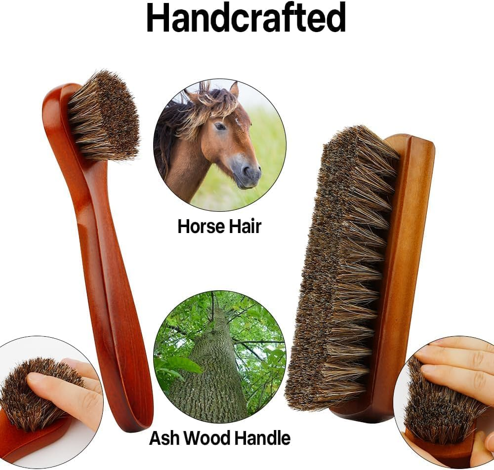 AHGXG Horse Hair Brush Set, 2 Pieces, Soft Bristles, Long Handle, Brown, Leather Cleaning Tool with Anti-Static and Strong Water Absorption image number 2